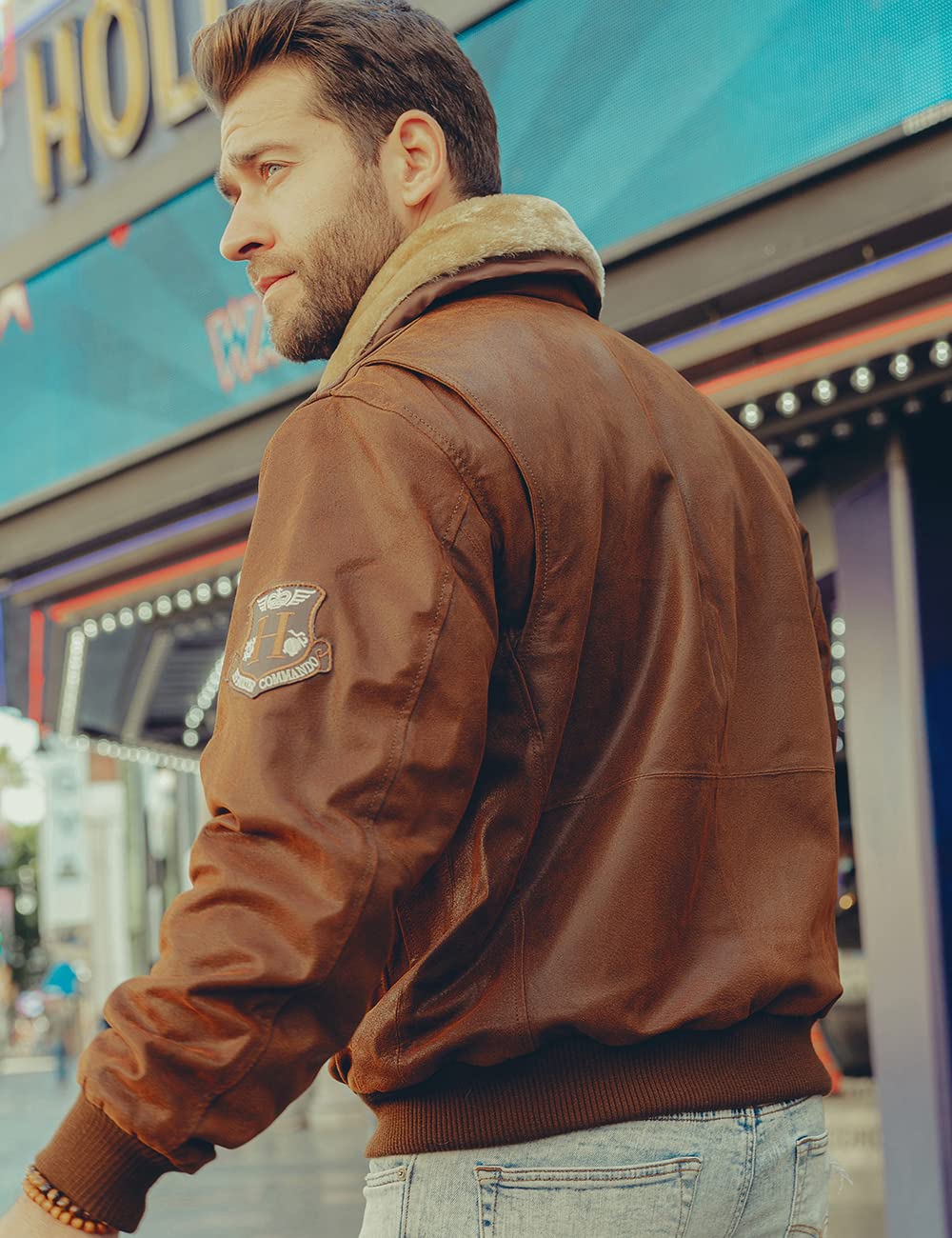 FLAVOR Giubbotto Bomber da Uomo in Vera Pelle con Collo in Pelliccia Removibile