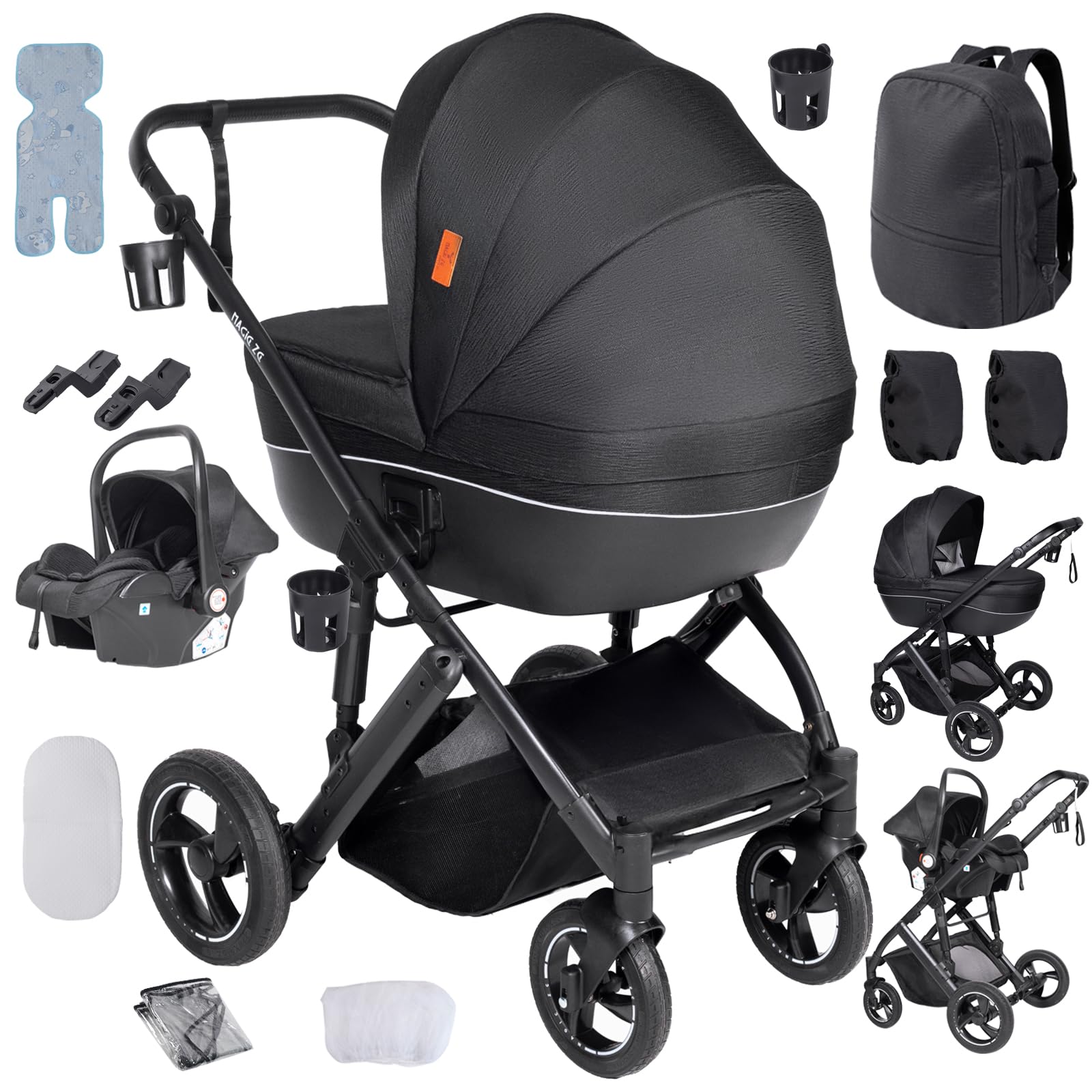 3 in 1 Travel Systems Baby Stroller with Carrycot, Sleeping Basket, Shock-Absorbing, 0-48 Months (3 in 1 Brown) — view 12