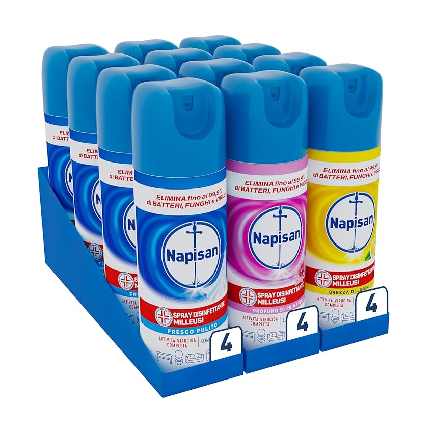Napisan Spray Disinfettante Milleusi, Disinfettante Spray per Tessuti e Superfici, Fragranza Fresco Pulito, Confezione da 12 Spray da 400ml