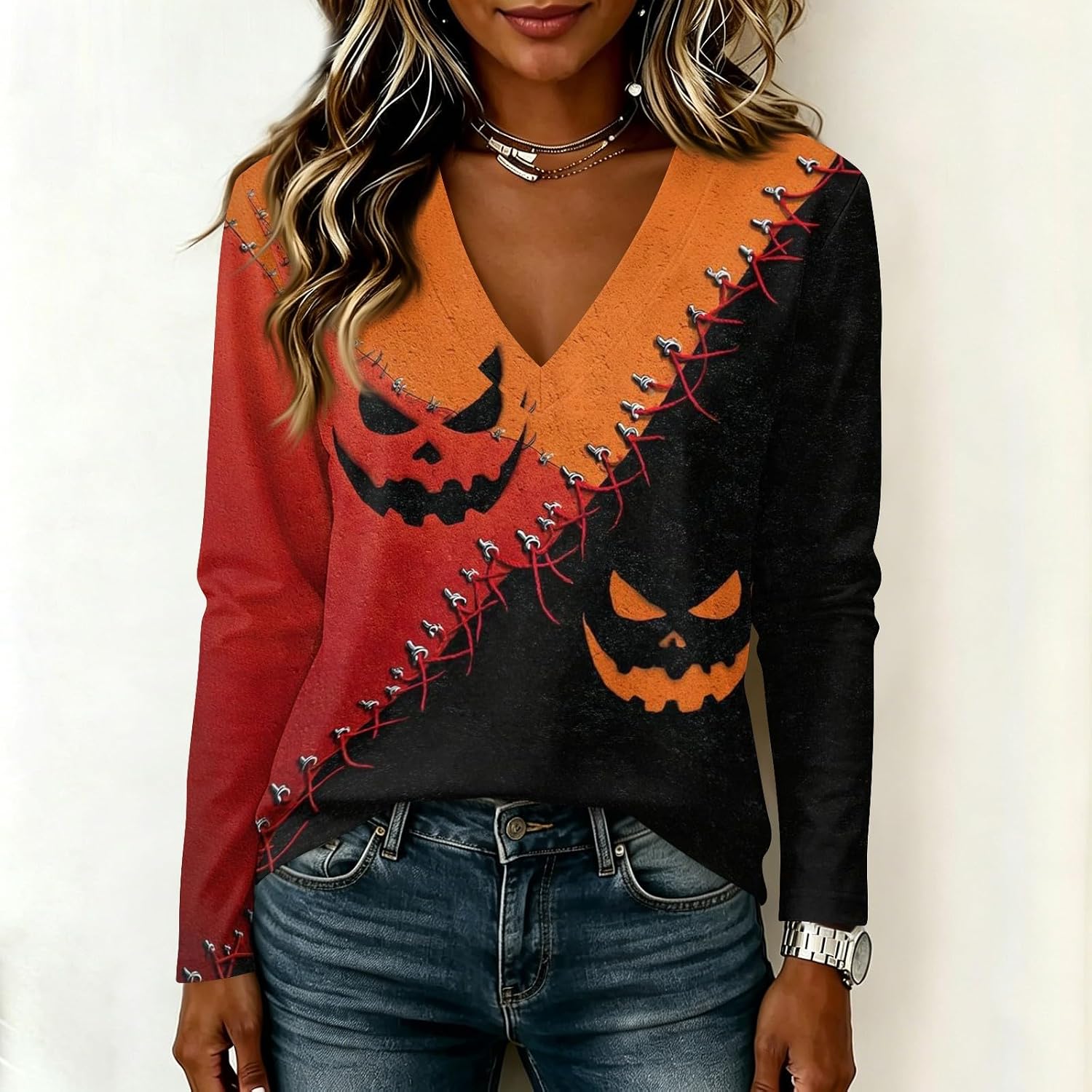Women's Long Sleeve Shirts Halloween Fall V Neck Graphic Tops | Womens Dressy Summer Tops, Flowy Shirts, Boho Blouse for Women, Winter Clothes, Camisetas Para Mujer