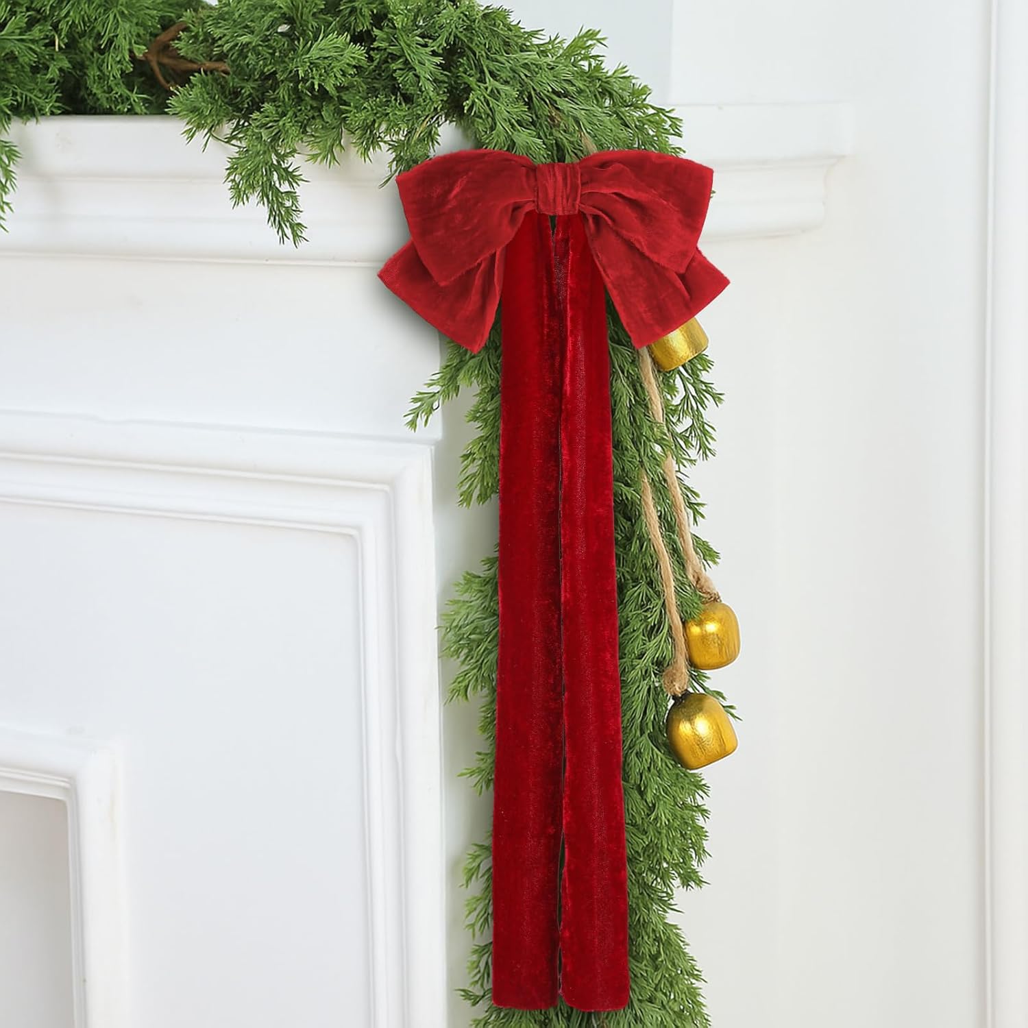Daifunli 6 Pcs Large Velvet Bows for Christmas Tree 19.7" x 10.6" Velvet Ribbon Bows Ornament Christmas Swag Wreath Staircase Bow Vintage Raw Edges Tree Topper for Home Decor(Burgundy,Two-Ear Style)