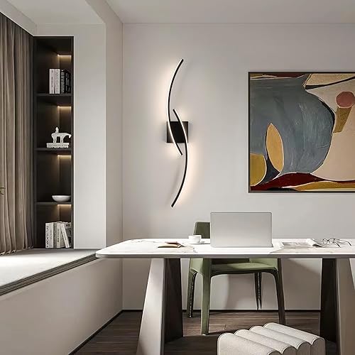 Miniatura 4 de Sovinzert Aplique de pared moderno, 4000 K, luces de pared LED modernas para sala de estar, 31.5 pulgadas, accesorios de pared negros para baño,