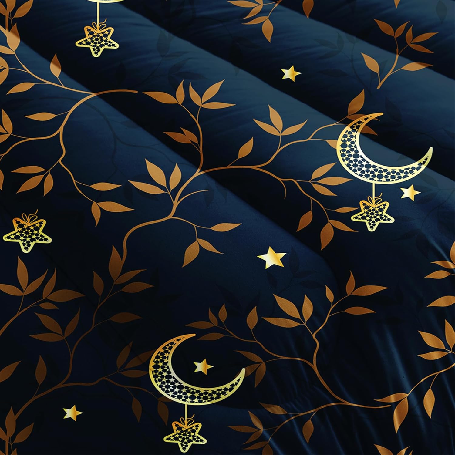 AILONEN Moon Comforter Set Queen Size, Gold Moon Star Leaves Print Bedding Set,Soft Lightweight Quilt Set for Boys Girls Adults Room Decor All Season 3 Pieces, 1 Comforter and 2 Pillowcases
