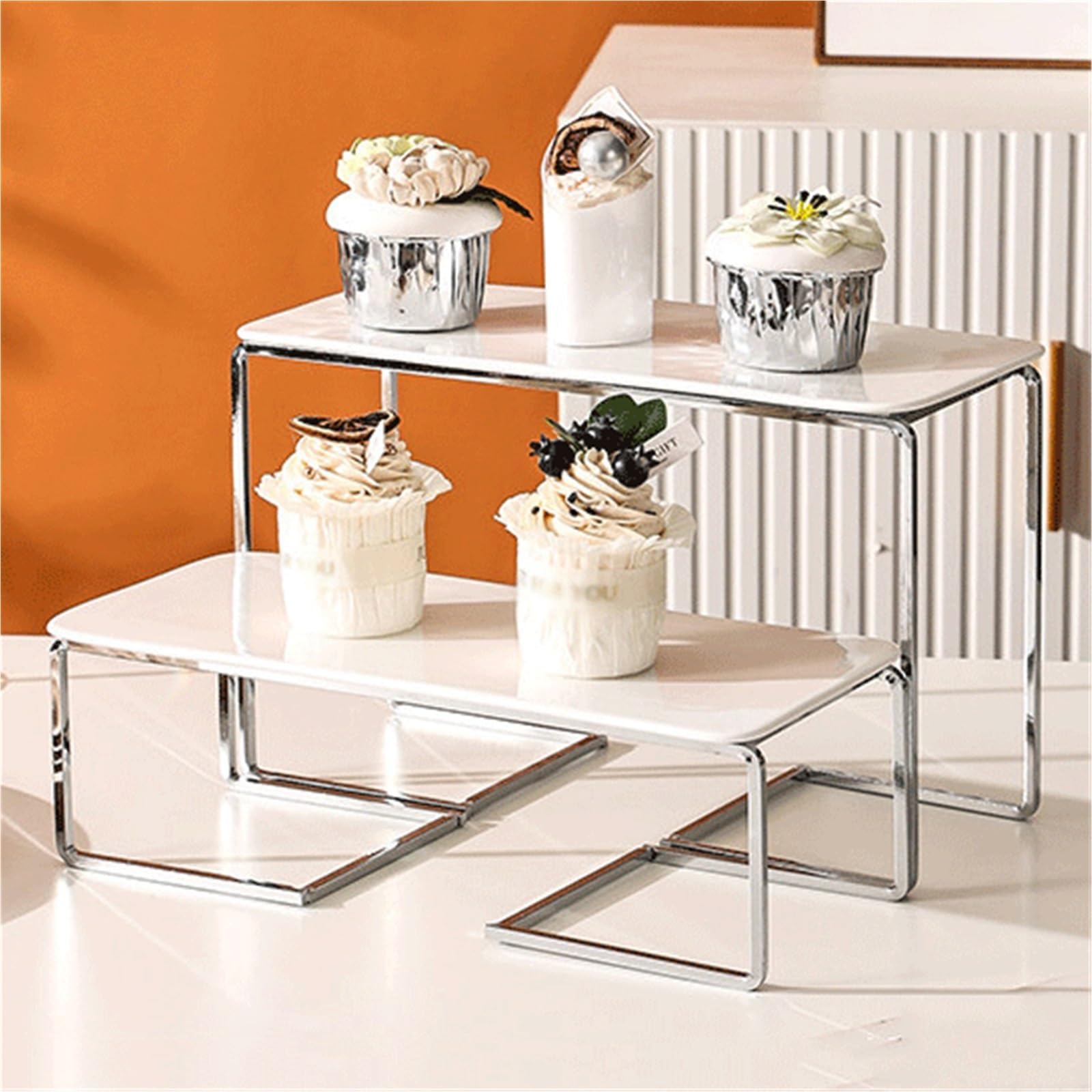 Patera na tort, wielopoziomowa podstawka deserowa, dwupoziomowa taca na ciasto, ceramiczne ozdoby weselne (kolor srebrny, duży)