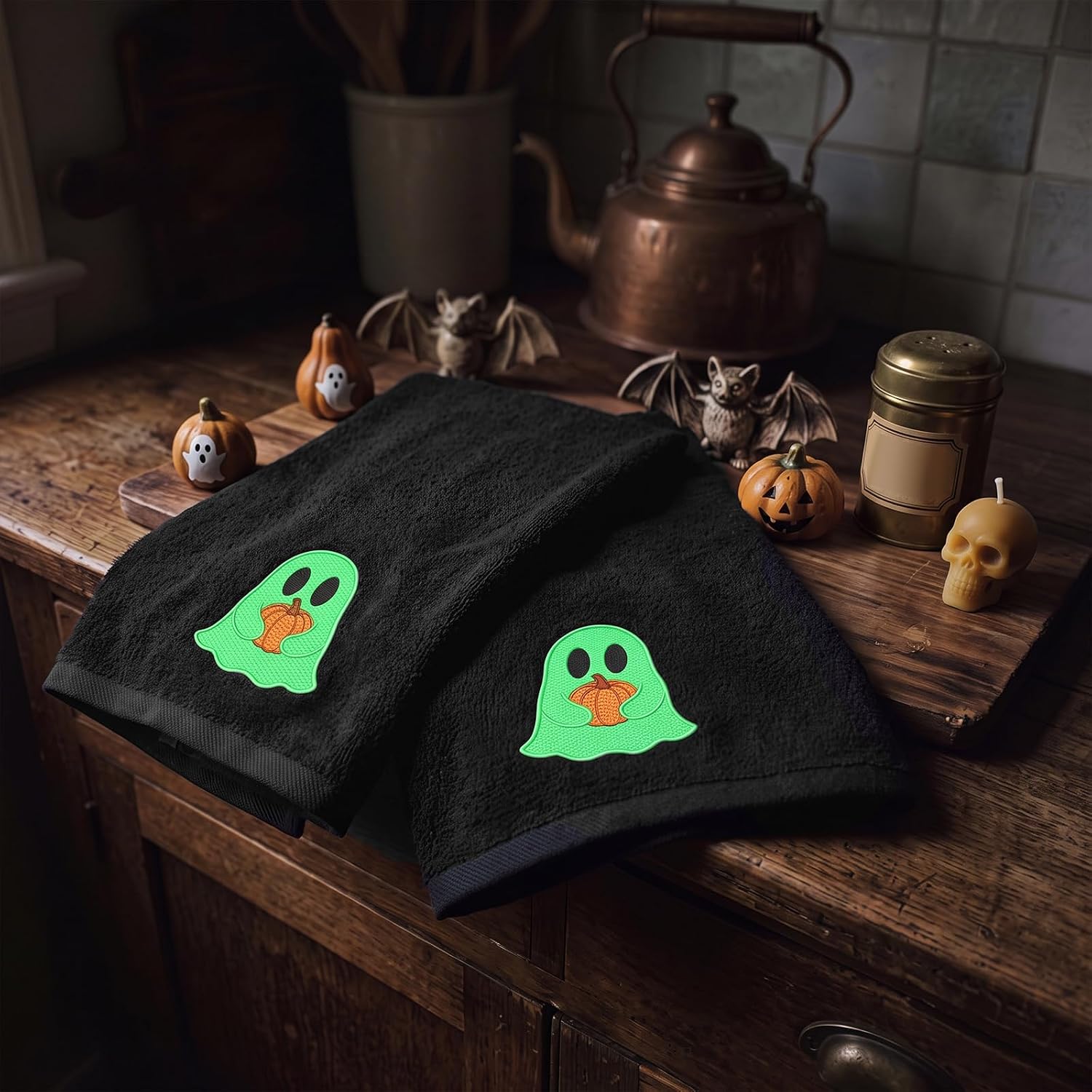 Breling 2 Pcs Halloween Luminous Hand Towel 100% Cotton, Cute Ghost Gift