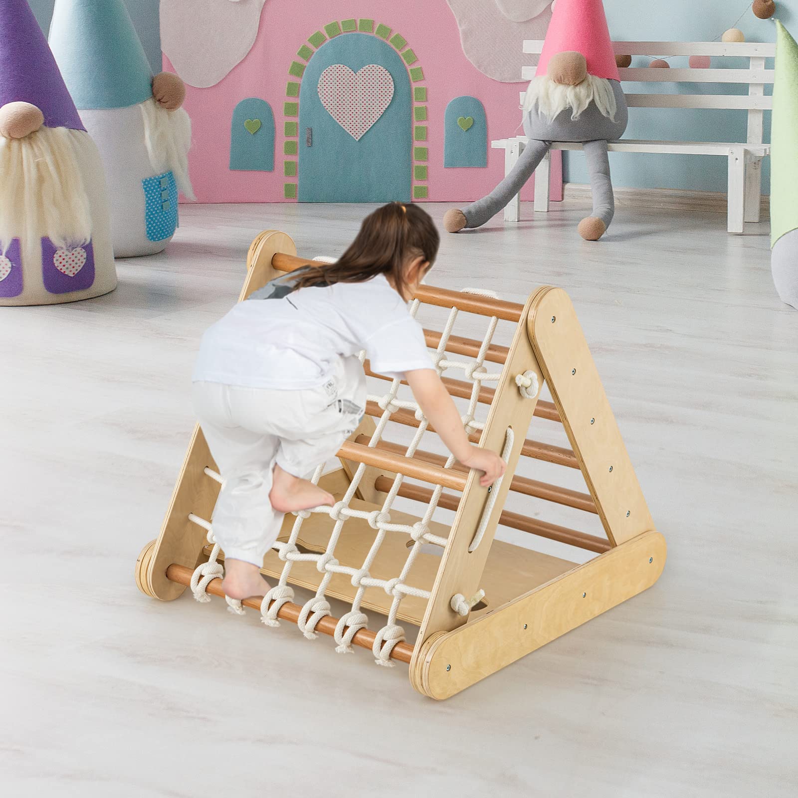 COSTWAY 4 en 1 Triángulo de Escalada para Niños, Escalador Triangular con Tablero Deslizante, Juego de Escalada de Madera para Interior con Red de Escalada para Hogar(Natural)