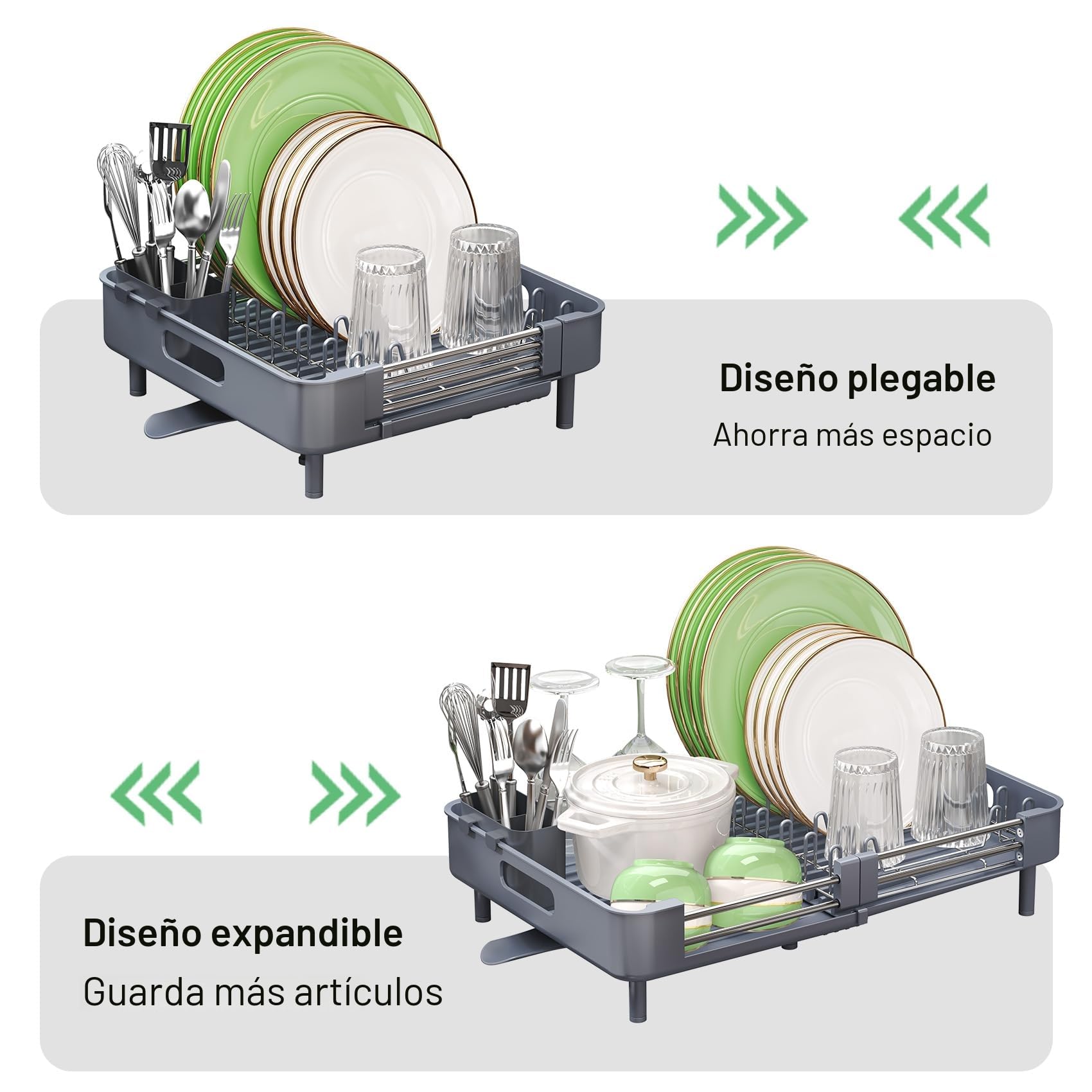 SAYZH Escurreplatos, Escurridor De Platos Extensible(33.5 CM-50 CM) De Gran Capacidad con Soporte Cubiertos Extraíble y Caño De Drenaje Giratorio, para Encimera De Cocina Ahorre Espacio(Gris)