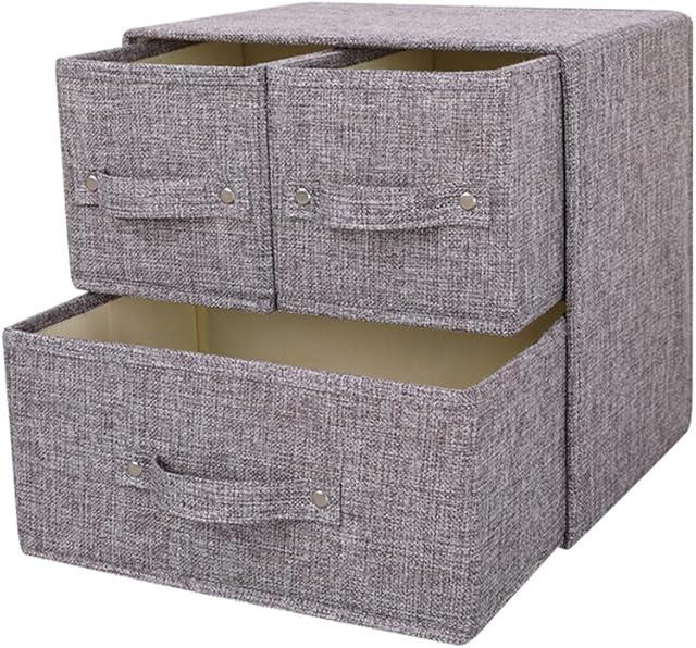 YINGGG Fabric Storage Box Storage Bins with Handle Drawer Organiser with Lid Folding Storage Bins Box Containers for Socks, Underwear, Bras, Ties, Scarves (Grey, 1 big + 2 small drawers)
