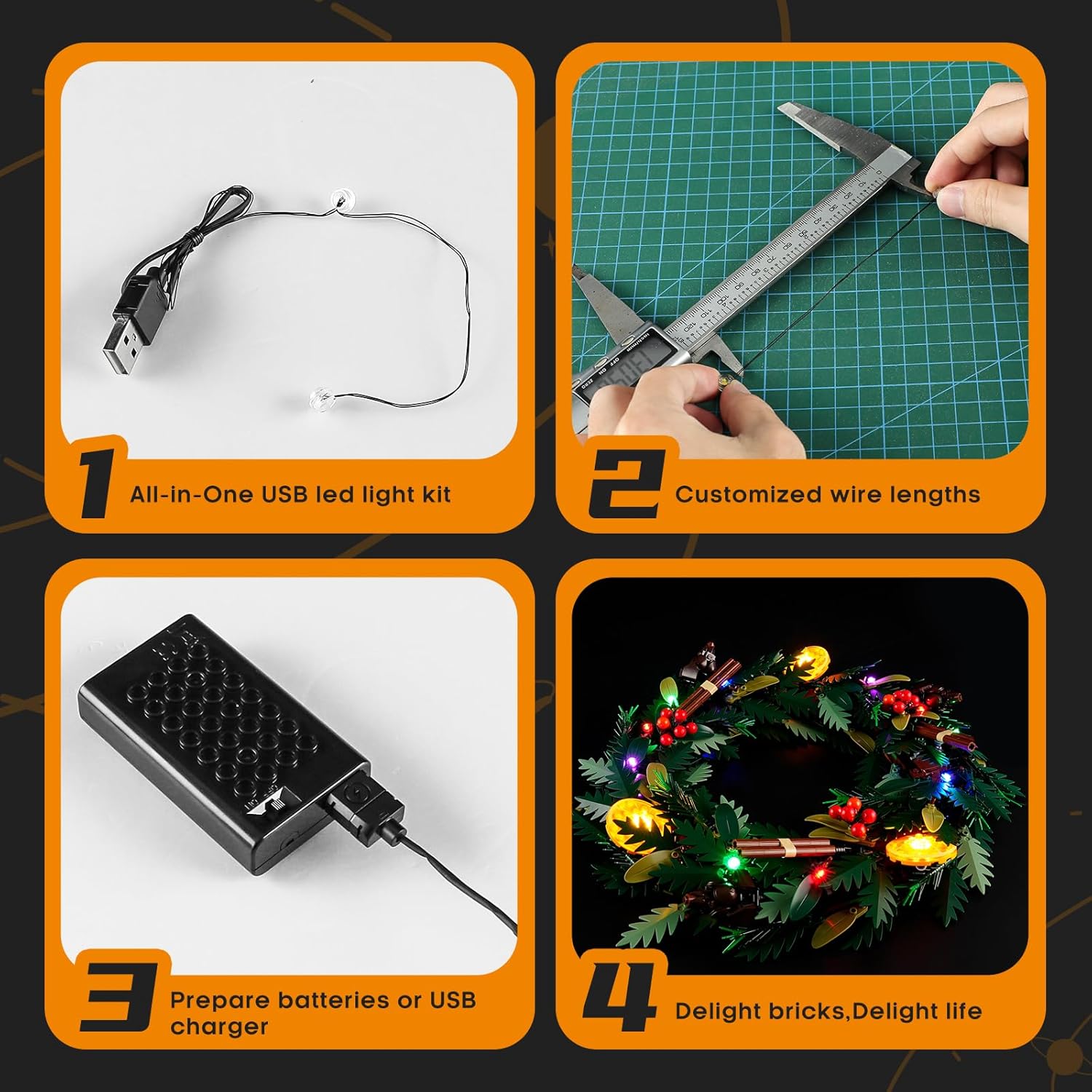 Four-step visual guide for installing the LIGHTAILING LED light kit.