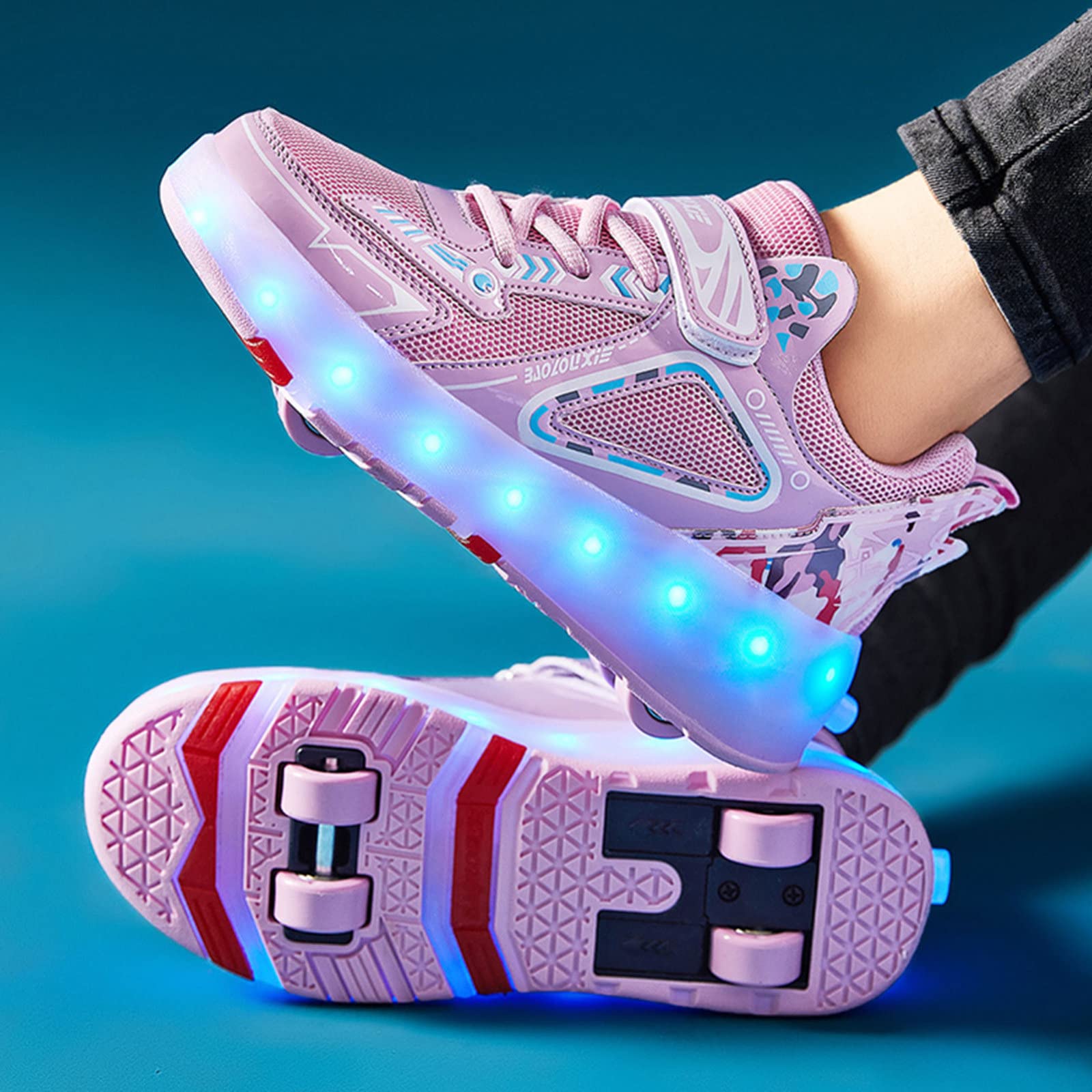 Zapatos de Patines Unisex para Niños Regalo de Niños Niñas Zapatillas LED Luminous Cuatro Ruedas de Doble Fila Zapatillas de Skate Técnicas con Carga USB,Pink-39EU