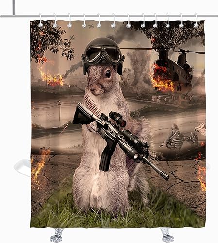 Miniatura 7 de Juego de cortinas de ducha con diseño de gato y gatito soldado con pistola, fondo moderno de ciudad, juego de cortinas de baño con ojales y ganchos,