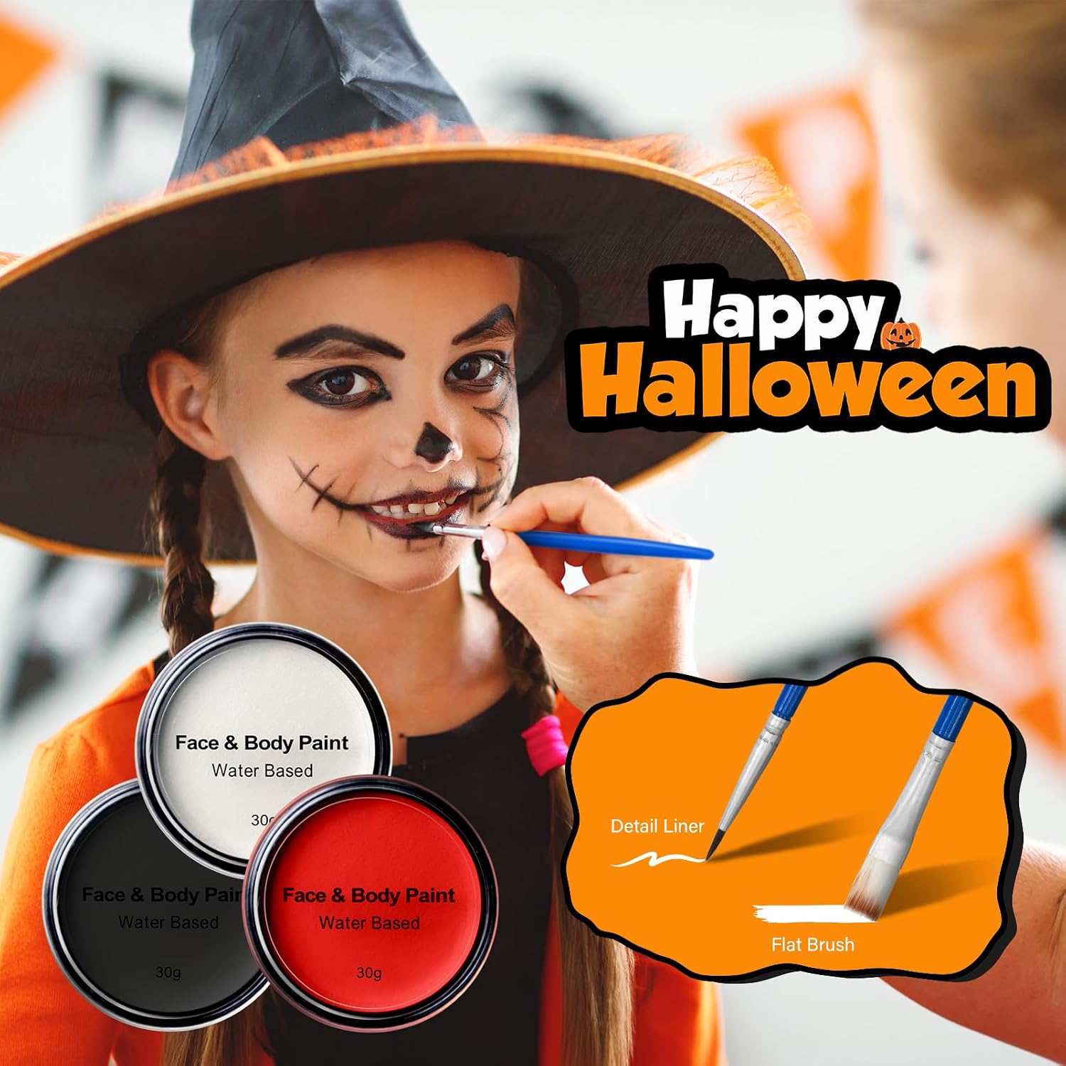 Halloween Face Painting Kit with Temporary Tattoo, Water Based Paint | Zombie Makeup with Brushes for Halloween, Clown Makeup with 3 Painting Brushes, 4 Sponges, 3 Tattoo Stickers