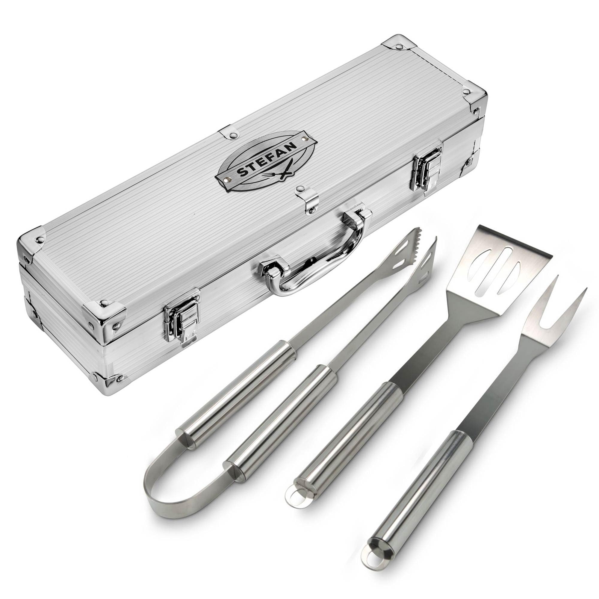 Casa Vivente Coffret d'Ustensiles pour Grillades, Fourchette, Pince, Spatule, Gravure Personnalisée, 37x10x8,5 cm