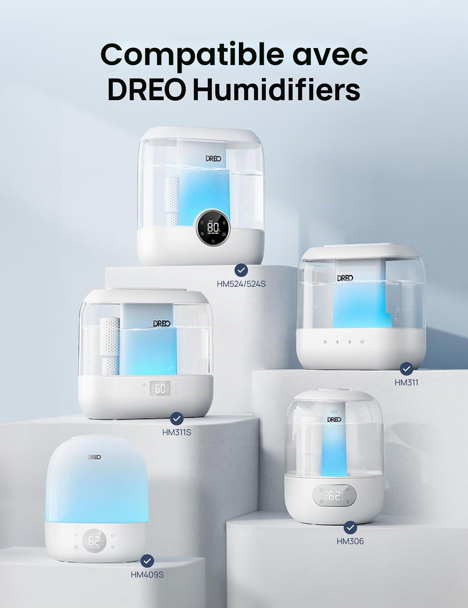 Dreo Lot de 3 cartouches de brume propre pour humidificateurs, compatibles avec humidificateurs Dreo HM311/311S/524/524S/306, réduit l'accumulation de contaminants, brume plus saine, nettoyage plus