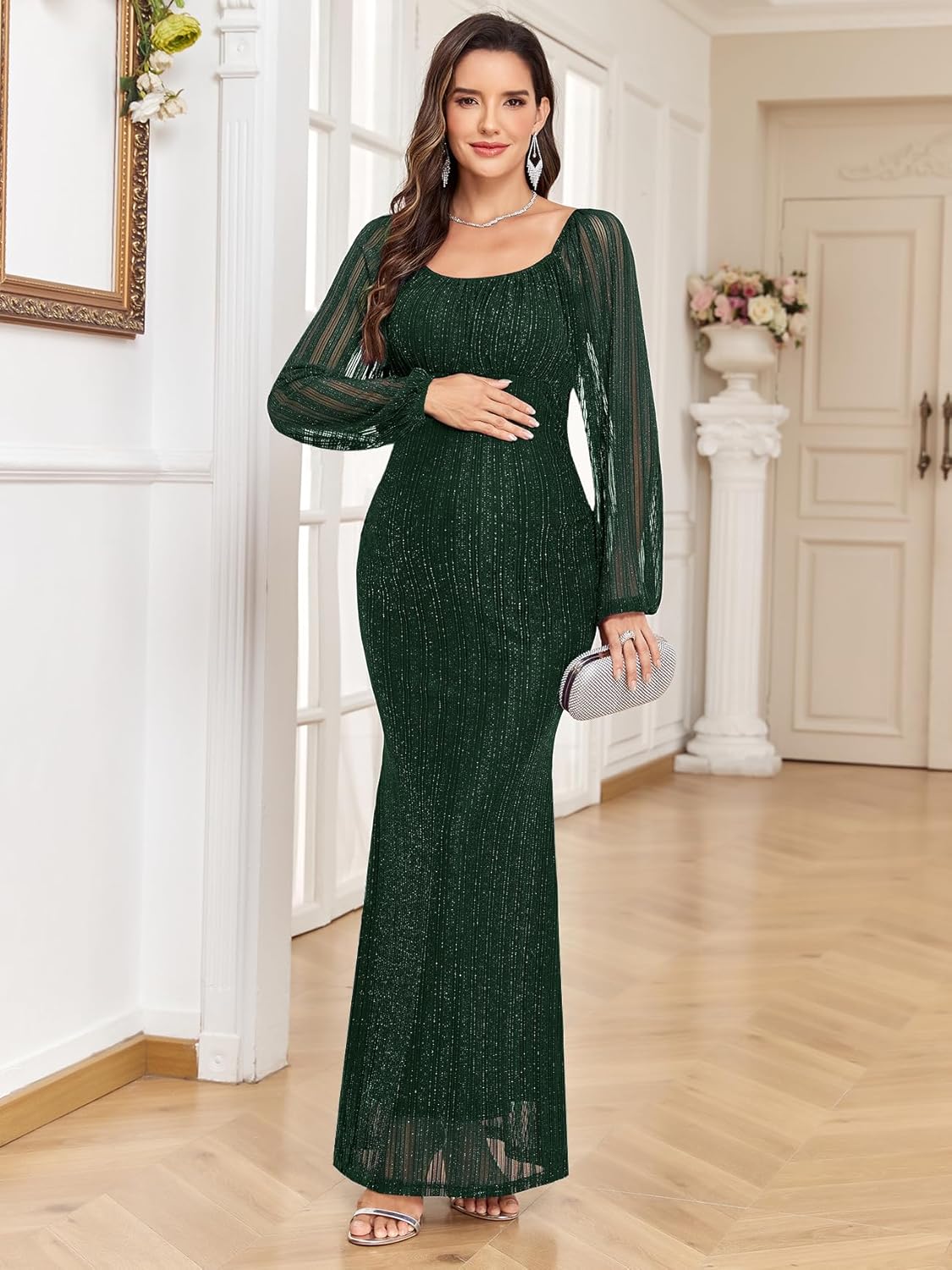 Sparkly Mesh Maternity Dress Long Sleeve Square Neck Baby Shower Pregnancy Dresses for Photoshoot Semi Formal - Image 2