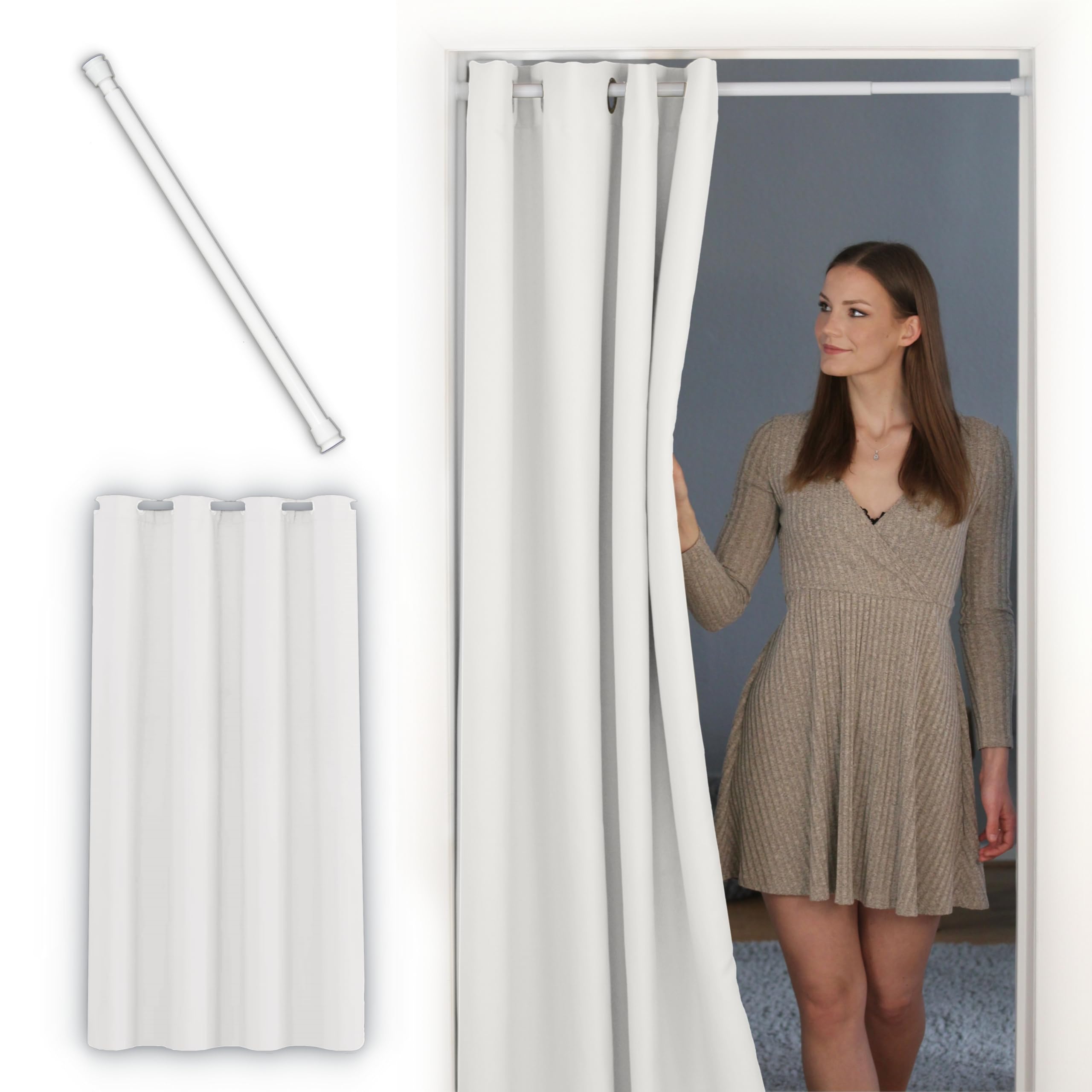 tinycurtains, Thermo Türvorhang mit Teleskopstange, einfache Montage in nur 1 Minute ohne Bohren (Türgardine weiß H195 x B150 cm + Stange weiß B55-90 cm)