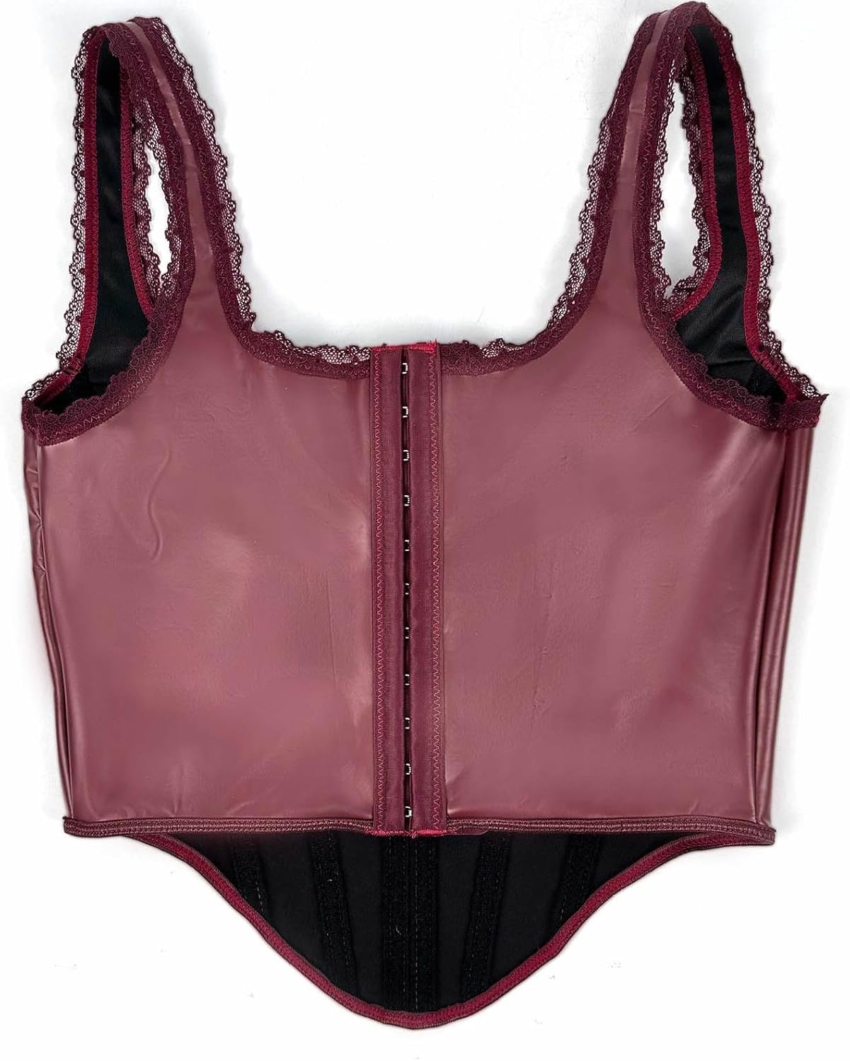 Faux Leather Corset Bustier Top Spaghetti Strap for Women Gothic | Matte PU Leather with Vertical Seam Boning and Lace Shoulder Straps, Edgy Alternative Aesthetic for Club or Dark Fashion