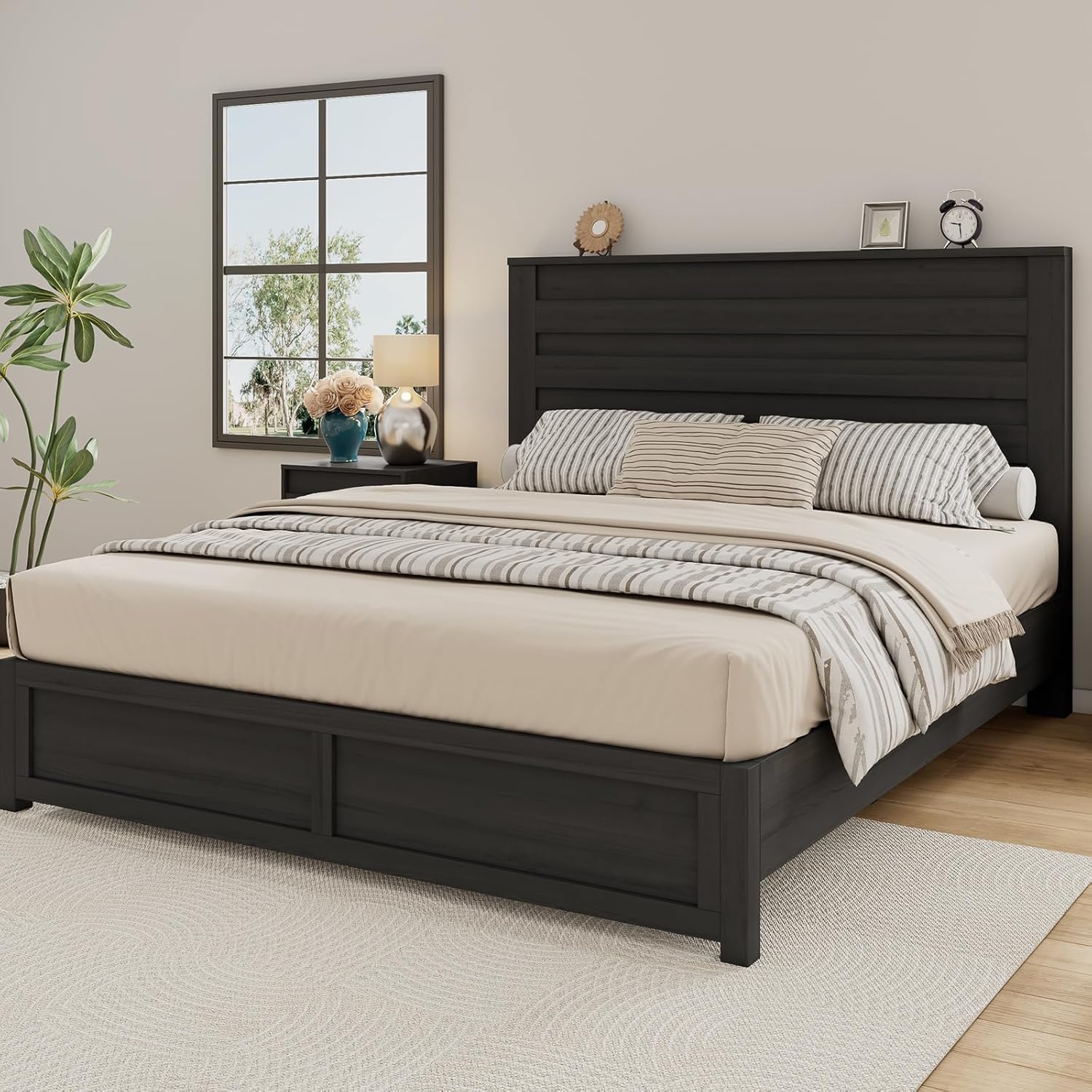 Albott King Size Farmhouse Bed Frame with 49" Headboard, Platform Bed Frame with Wood Slats Support/No Box Spring Needed/Easy Assembly, Black