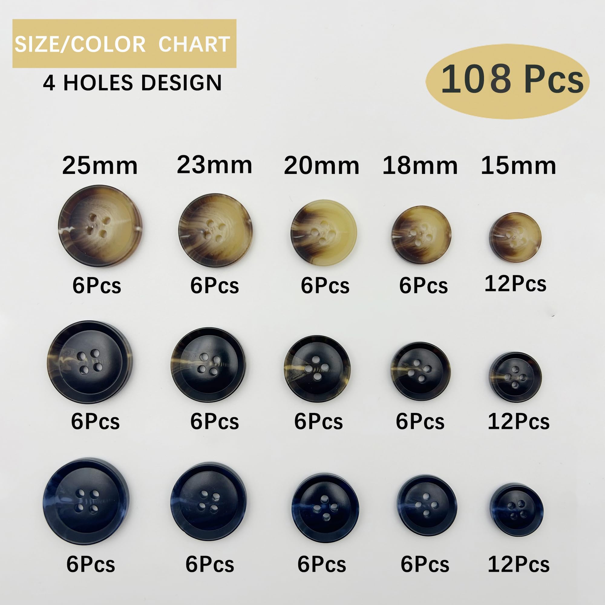 108 Pcs Mixed Color Sewing Buttons,3 Color 5 Size of Clothing Sewing Buttons, Eco-Friendly Craft Buttons, Suit Coats 4-Hole Button (Mix Color 3)