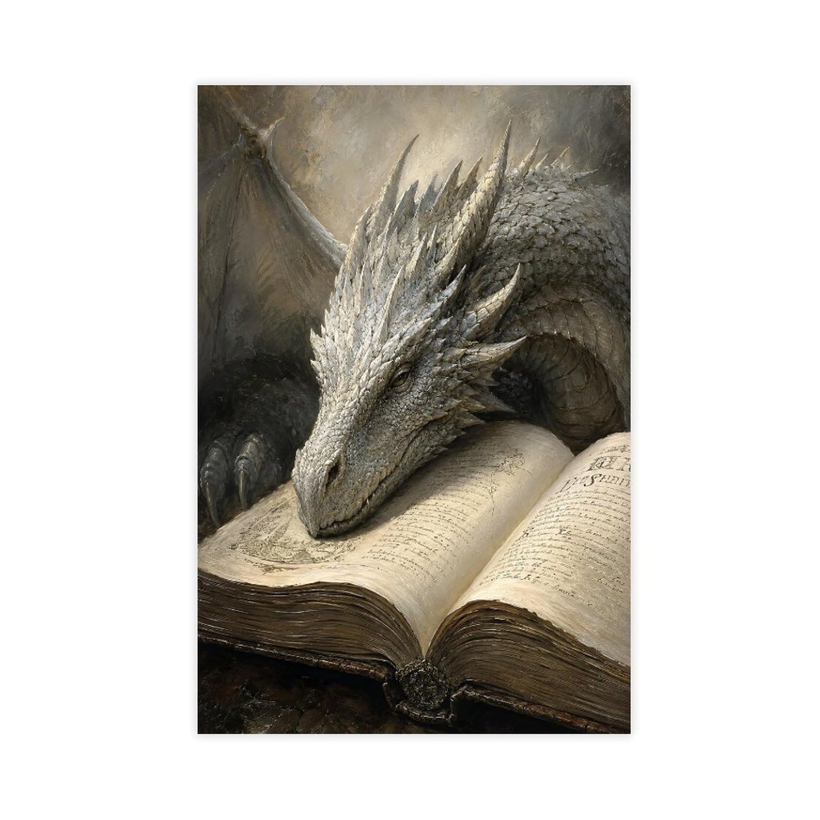 W7c8u2x3 Unframe-Style-1 Silver Dragon Resting On Open Book Canvas Wall Art, Moonlit Fantasy