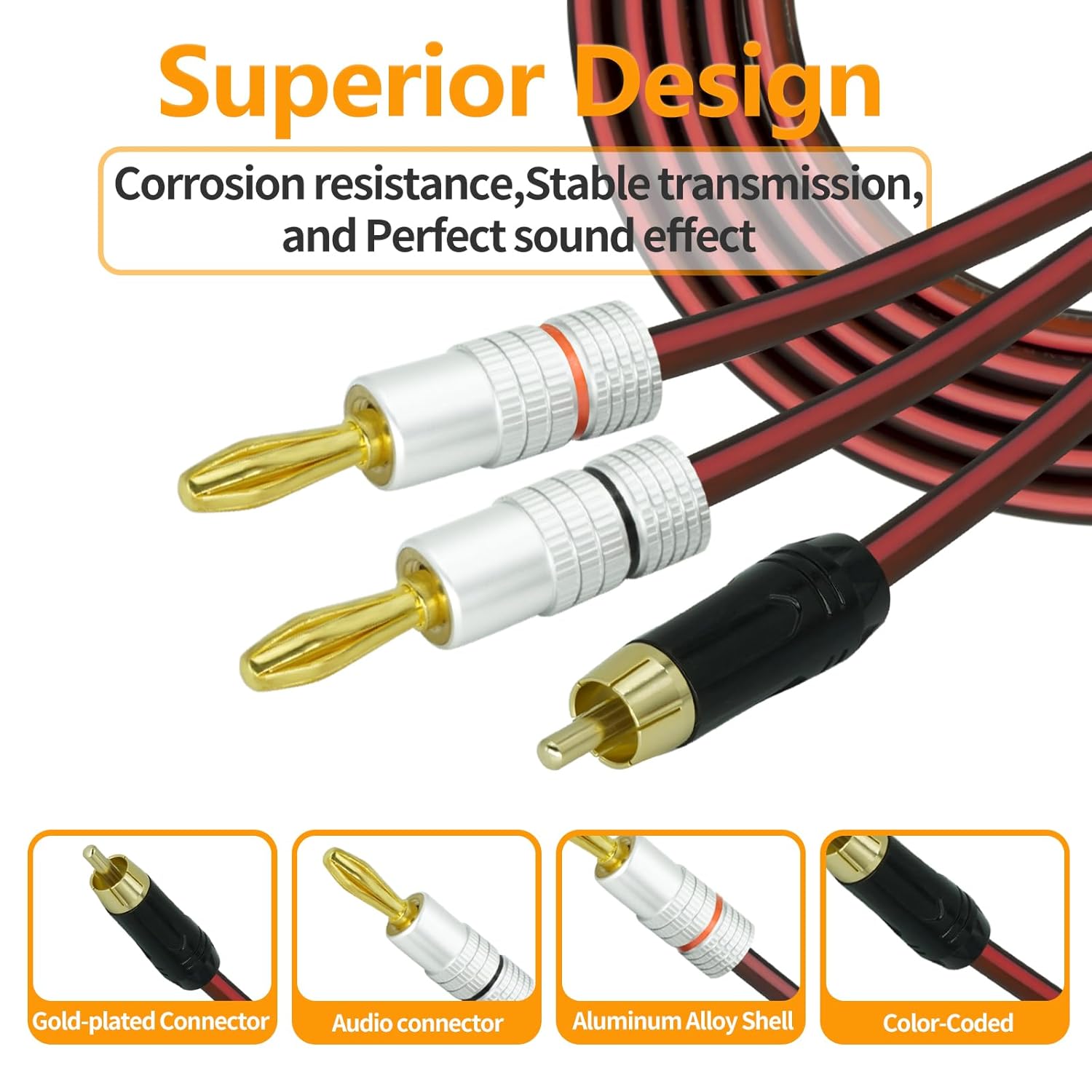 Yuchenfeng 2Pack RCA to Banana Plug Speaker Cable 14AWG 4N OFC Gold-Plated - Double Shielded Audio Cable for Amplifier, Subwoofer, Home Theater 10FT