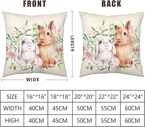 Miniatura 6 de Wnoesat Juego de 2 fundas de almohada de primavera de Pascua de 24 x 24 pulgadas, fundas de almohada de flores de conejito en acuarela, fundas de