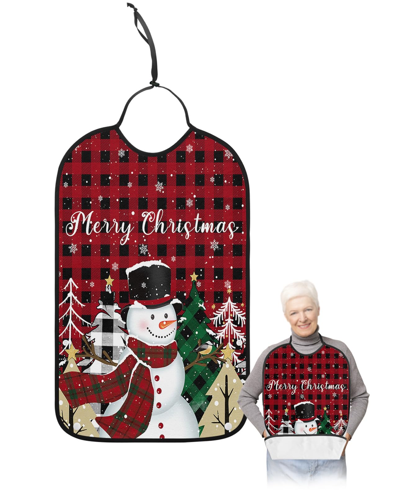 Adult Bibs for Elderly Women - Christmas Waterproof Dining Clothing Protectors with Crumb Catcher for Eating/Feeding, Winter Snowflake Snowman Xmas Tree Red Black Plaid Terry Cloth Bib Washable