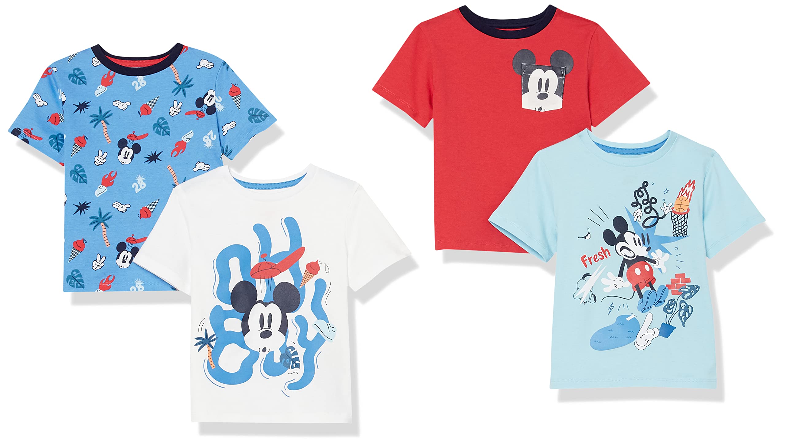 Amazon Essentials Disney | Marvel | Star Wars Toddler Boys' Short-Sleeve T-Shirts, Pack of 4, Mickey Print, 4T