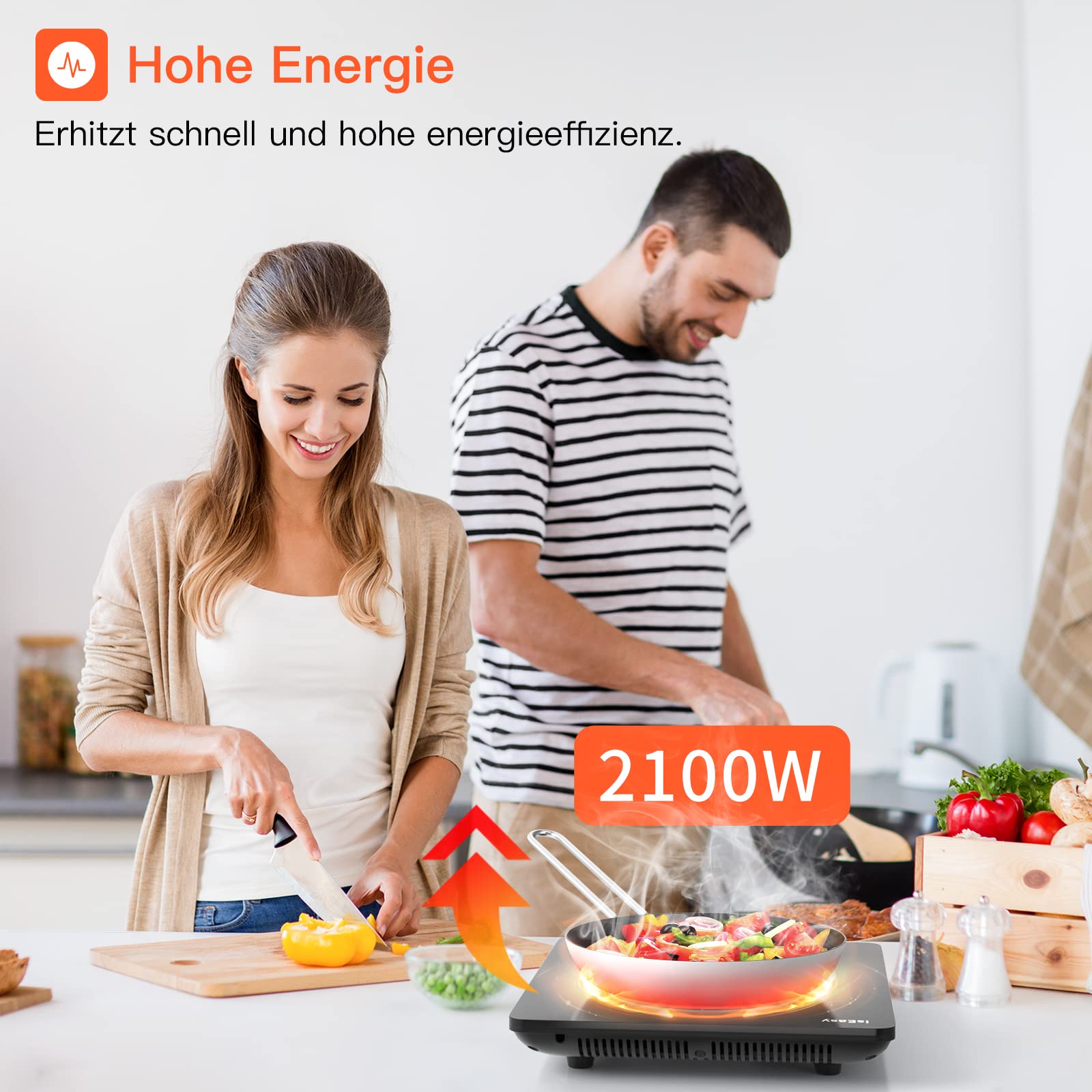 Induktionskochplatte, IsEasy Induktionskochfeld 1 Platte 2100W, 28cm Kochplatte, Tragbares, mit Stecker, 9 Heizstufen, 8-Stunden-Timer, Touch-Steuerung, Booster-Funktion, Schwarz…