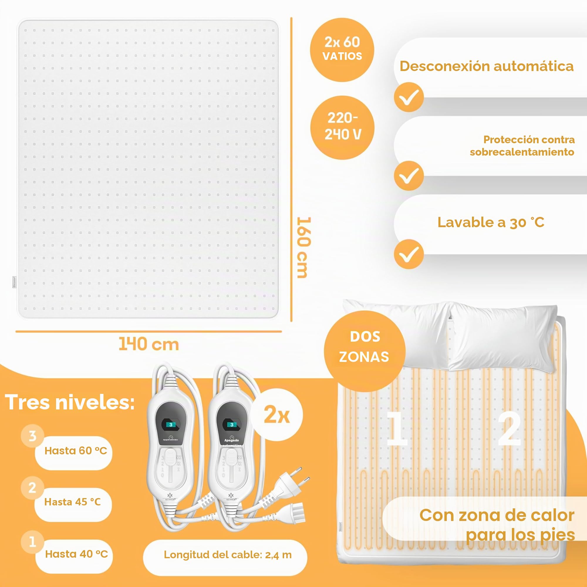 KESSER® Manta térmica doble para debajo de la cama de 160 x 140 cm con apagado automático, 2 zonas de temperatura, control remoto, manta eléctrica con 3 niveles de temperatura, base térmica para cama