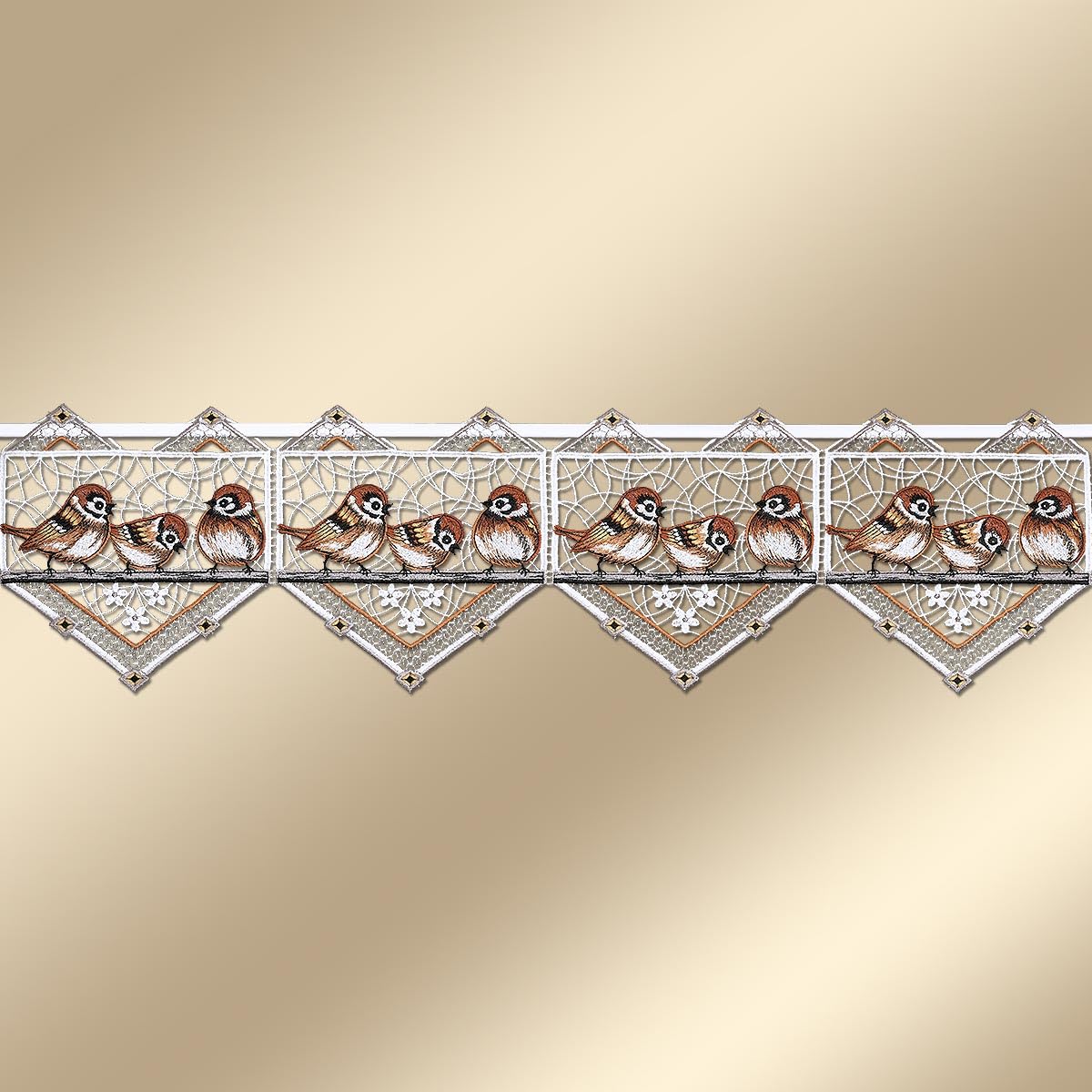 Feenhaus-Spitzengardine Spatzenkonzert Echte Plauener Spitze Scheibengardine mit Vögeln im modernen Landhausstil 20 x 55 cm