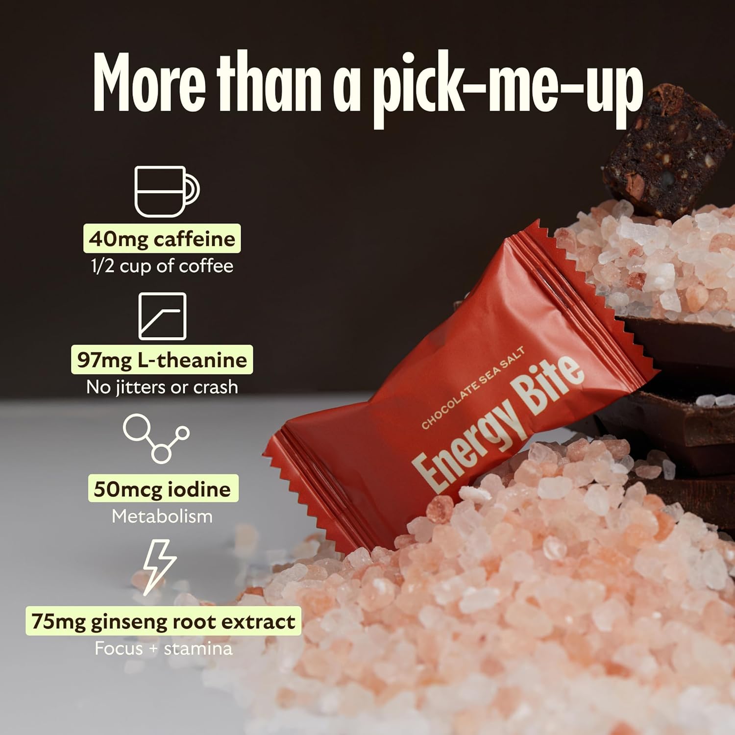 GEM Energy Caffeinated Chocolate Bite, 40mg Caffeine, Ginseng Root, L-Theanine, Holistic Sustained Energy, Supports Metabolism, Stamina & Endurance | Chocolate Cacao Sea Salt | 28 Servings - Image 5