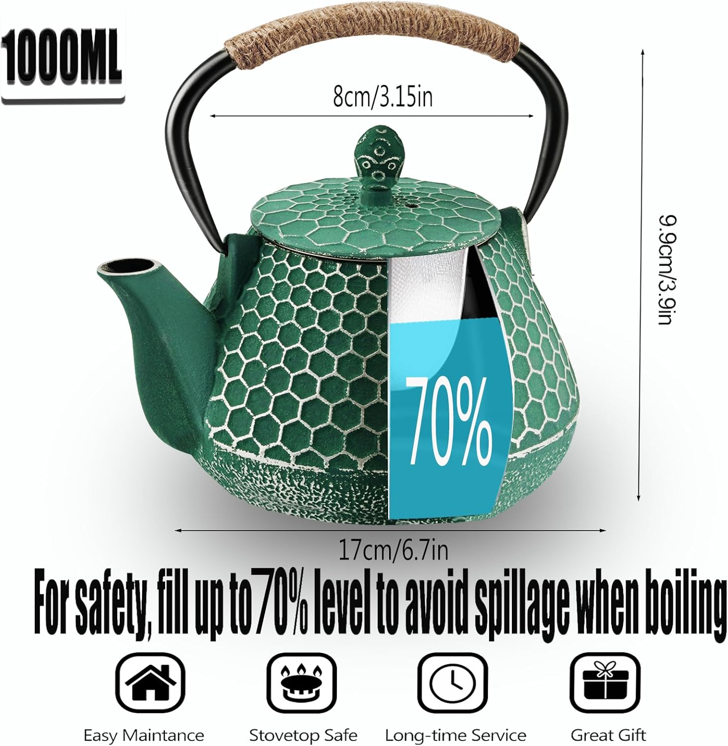 Cast Iron Tea Pot - Honeycomb Pattern Tea Kettle with Tea Leaf Infuser,Stovetop Tea Kettle Coated with Enameled Interior,Suitable for Brewing Loose Leaf Tea (green)