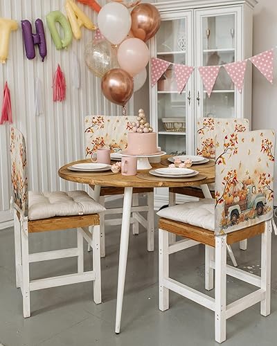 Miniatura 3 de Paquete de 4 fundas para respaldo de silla de otoño de Acción de Gracias para sillas de comedor, otoño, cosecha, calabaza, hojas, lavable, elástico,
