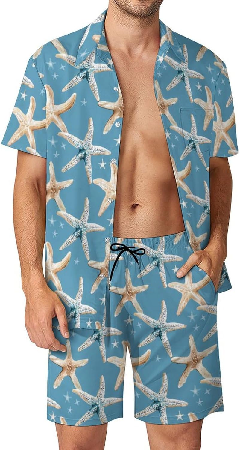 Starfish Shell Men's Summer Beach Outfits Shirt And Shorts Set 2 Piece Vacation Swimwear