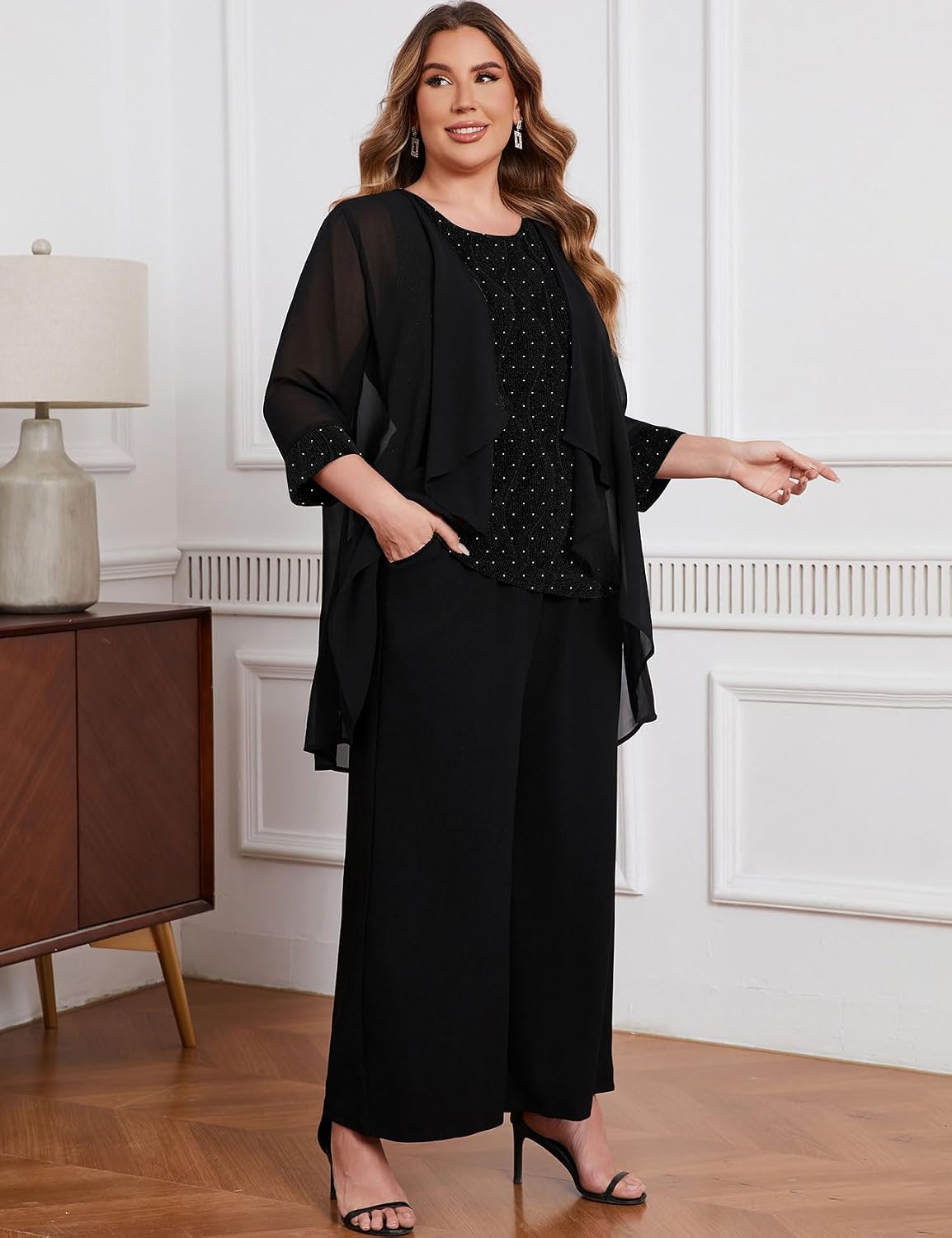 ZOMVA Plus Size 3 Piece Formal Pantsuit Sparkly Chiffon Jacket Set Dressy Outfit Mother of The Bride Groom Wedding Cocktail