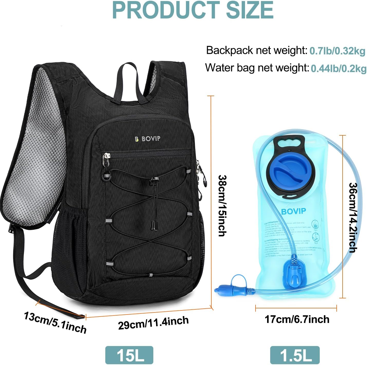 BOVIP Lightweight Hydration Back,15L Multipurpose Hiking Backpack with 1.5L Water Bladder ,Hydro Water Daypack for Cycling Hiking Rave for Men Women - Image 3