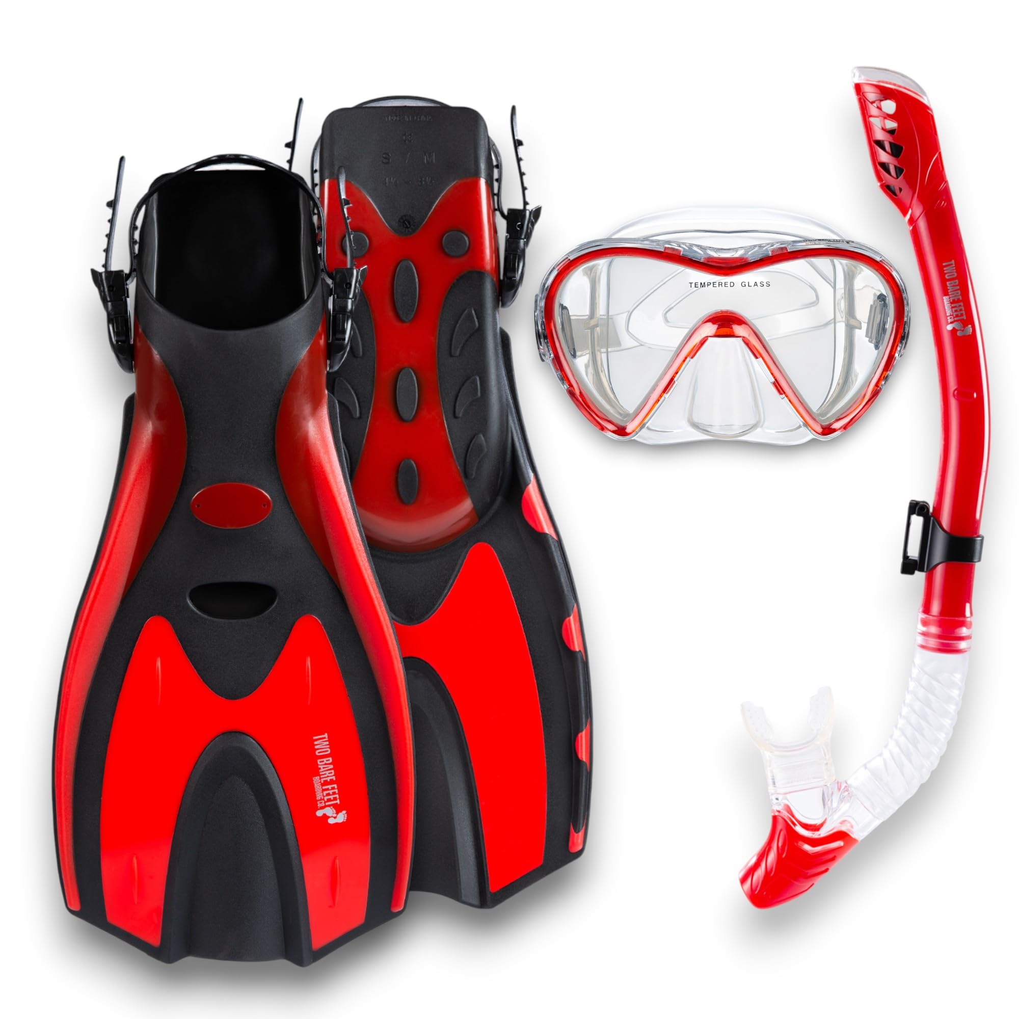 Two Bare Feet Adults 3 Piece Silicone Mask, Snorkel and Fins Diving Set, Anti Fog Anti Leak Snorkelling Set - Style 3 (Red, Pro Dive Snorkel, L/XL UK9-13)