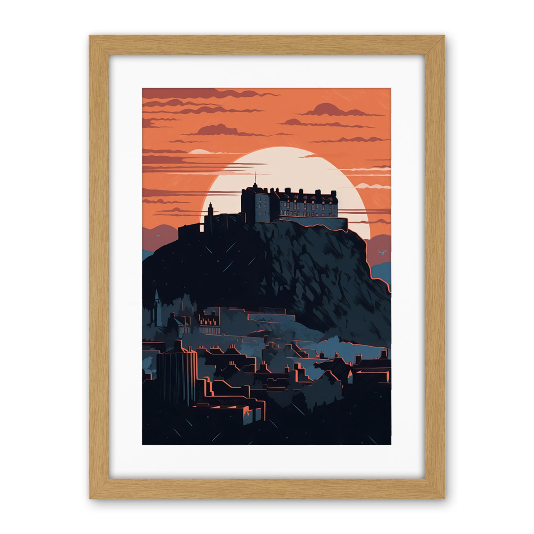 Artery8 Edinburgh Castle and Old Town Atmospheric Sunset Artwork Framed Wall Art Print 18X24 Inch
