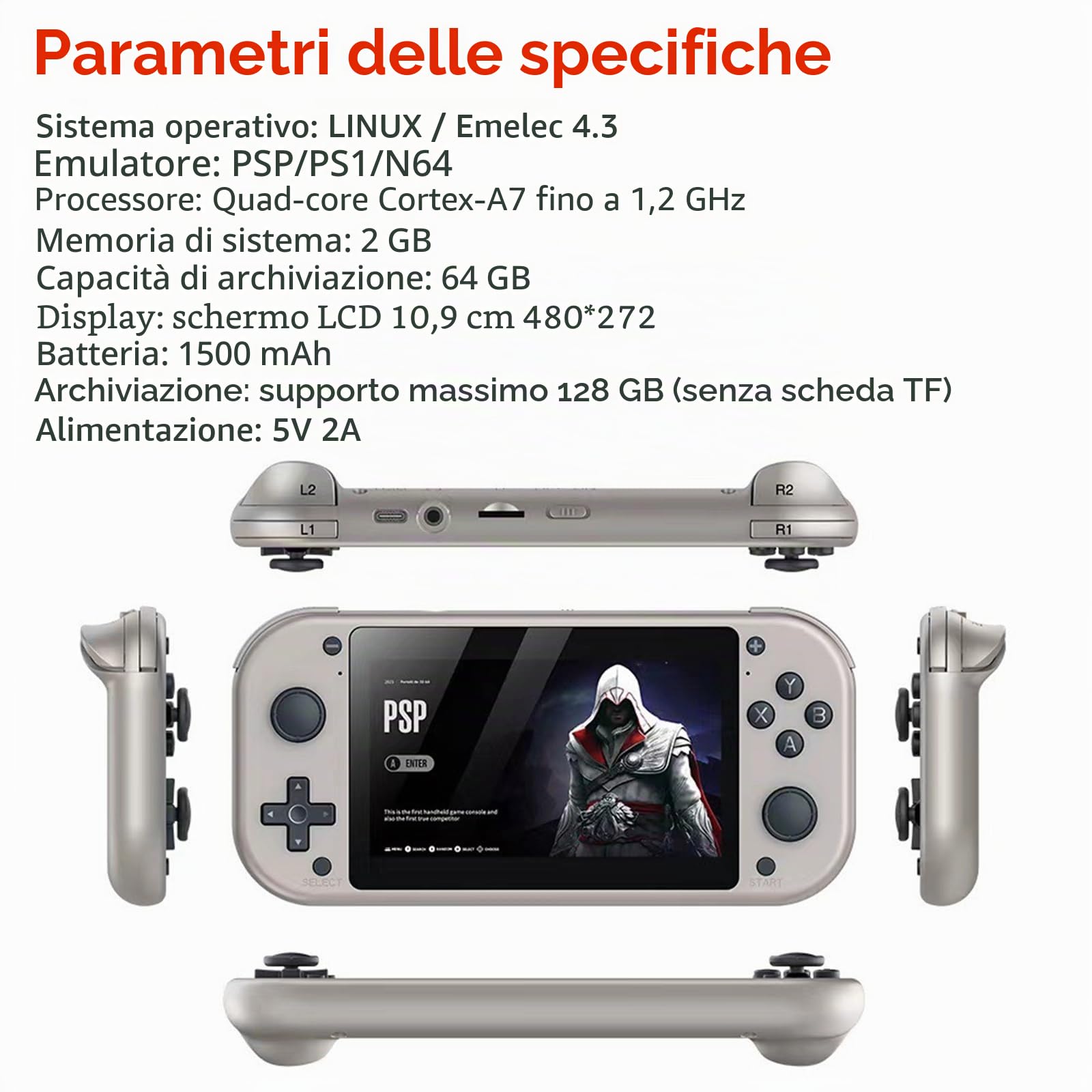 Console di gioco portatile retrò M17 da 4,3" 480 x 272 con schermo LCD 64 Go/128 Go Emuelec (20 000 + 30 000 giochi) (64 Go, 20 000 + giochi)