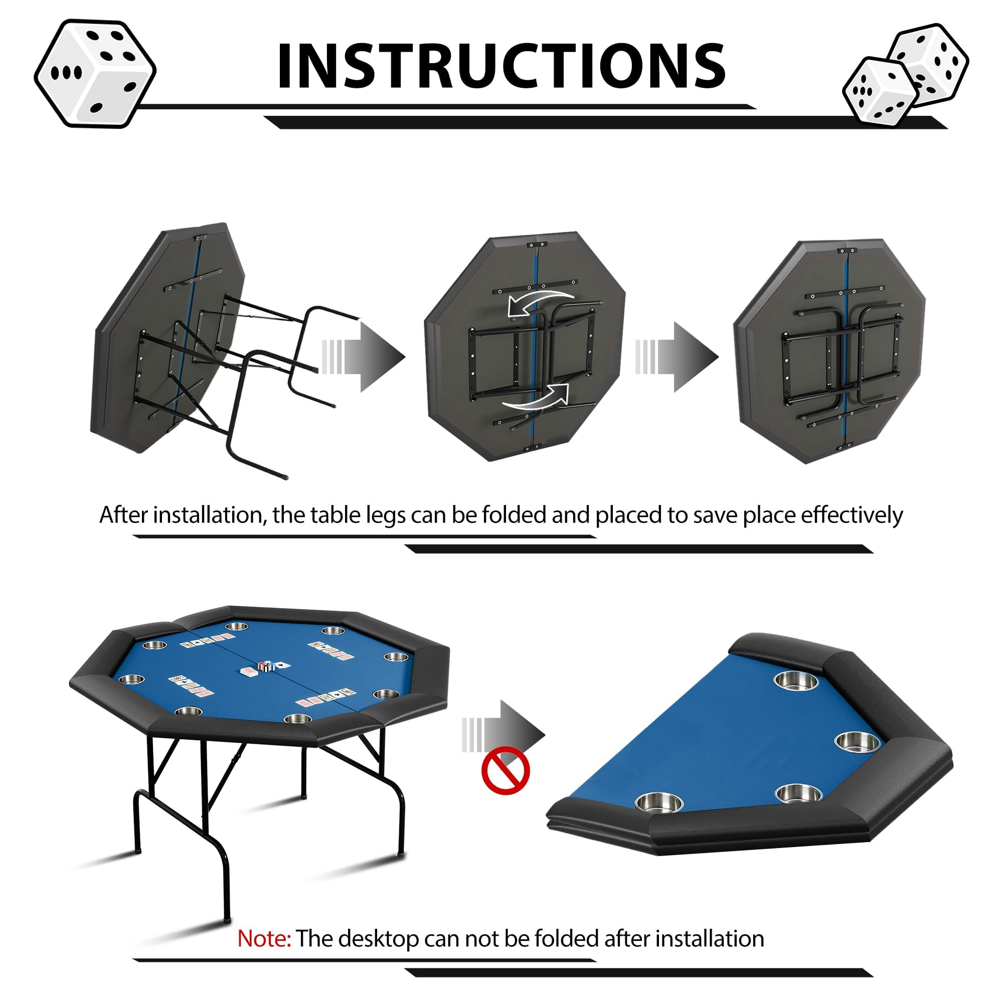 Table De Poker Pliable 120 cm Pour 8 Joueurs, Table De Casino Octogonale Pour Blackjack Et Texas Holdem, Avec Rails Rembourrés Confortables Et 8 Porte-Gobelets Intégrés, Idéale Pour Soirées Jeux, Mais