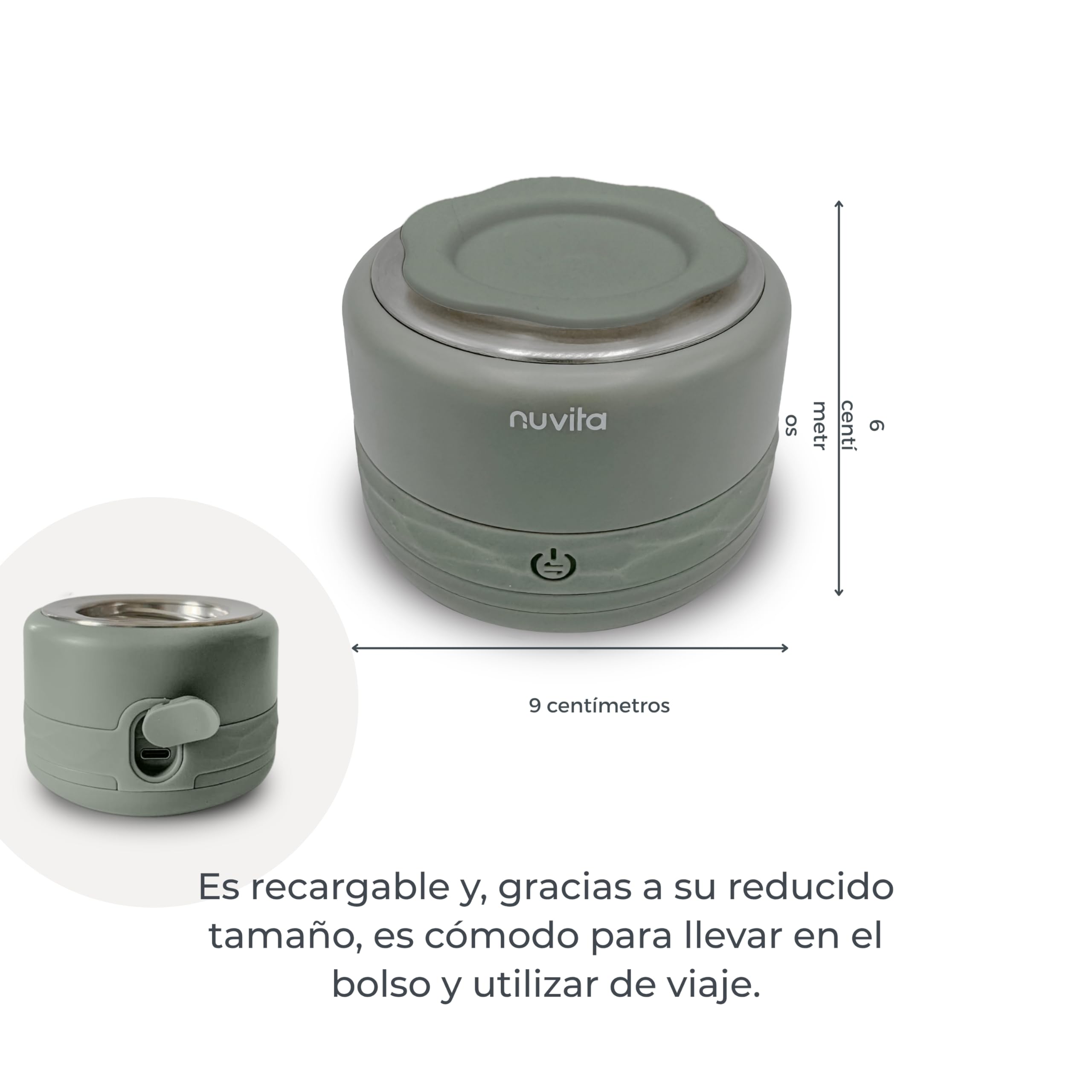 Nuvita 1166 Warm70 Calientabiberones Portátil Inalámbrico 70°C – Recargable por USB, Compatible Universal con 6 Adaptadores, 5 Niveles de Temperatura hasta 70°C, Calentamiento Rápido en 2,5 Min