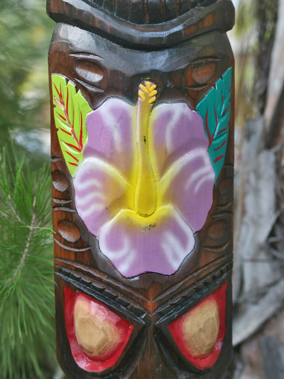 Hand-Carved Tropical Tiki Mask with Turtle and Hibiscus Flower