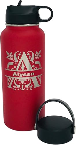 Hydro Water Bottle - Botella de agua de 32 onzas, boca ancha, tapa de popote y tapa de termo, grabado con láser (parte frontal roja grabada)
