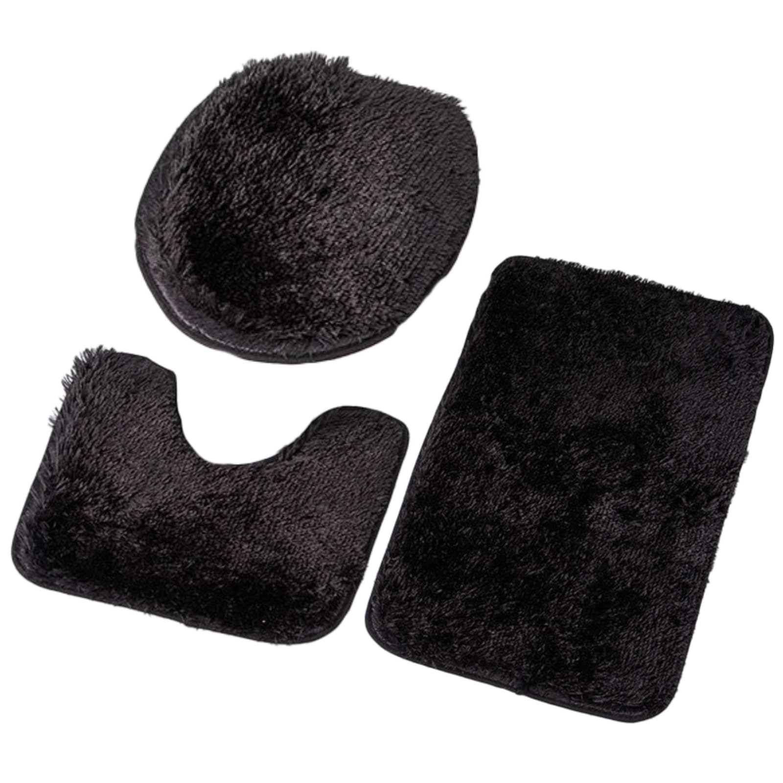 Packool Black Non Slip Plush Bath Mats, U-Shaped Toilet Lid Cover Contour Rug, Super Absorbent Polyester, 3-Piece Set Bathroom Rugs