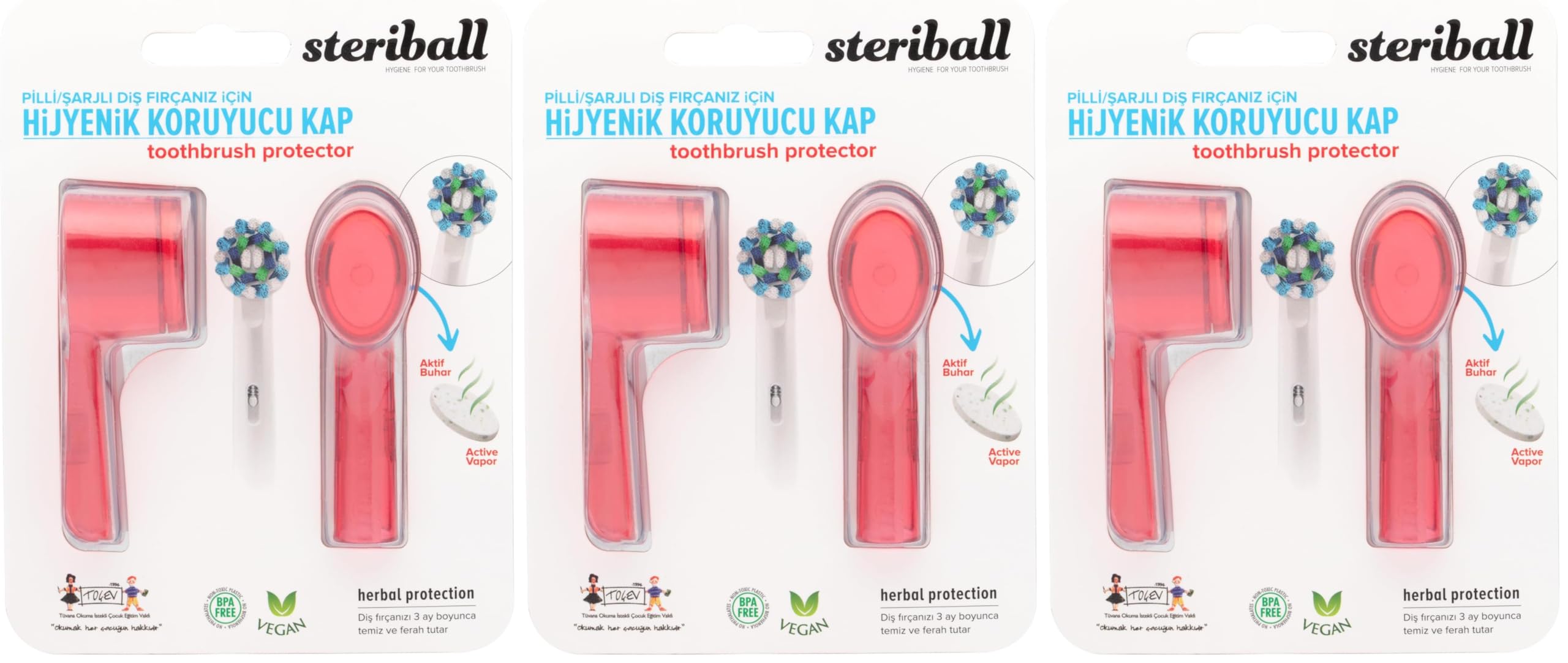 STERIBALL ŞARJLI VE PİLLİ DİŞ FIRÇALARI İÇİN HİJYENİK DİŞ FIRÇASI KORUMA KABI-2'Lİ KIRMIZI (3 paketi)