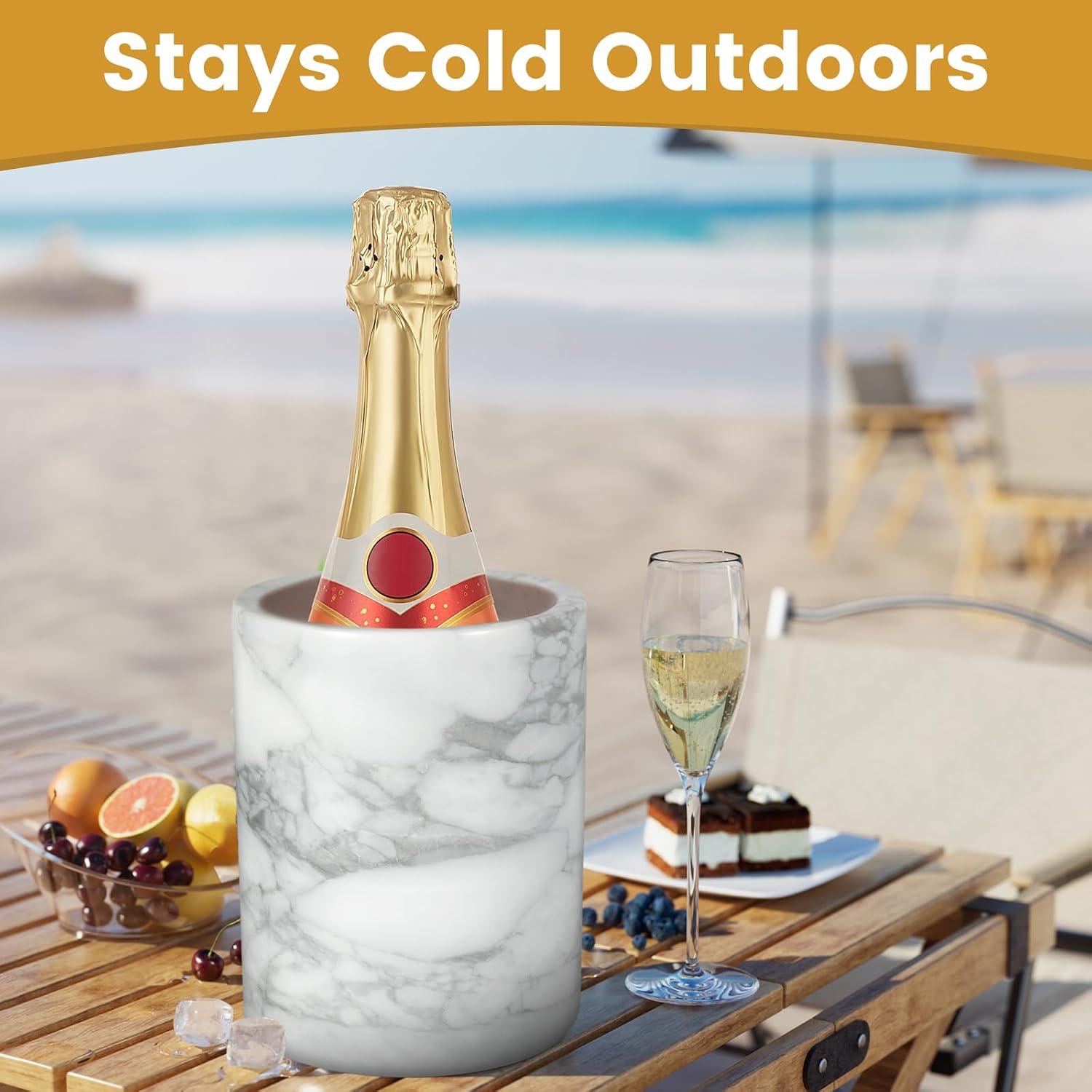 Natural White Marble Wine Chiller Bucket - Handcrafted Cylinder Cooler for 750ml Champagne & Wine Bottles, Ice Bath Container for Dinner Parties, Yachts, Luxury Gifts