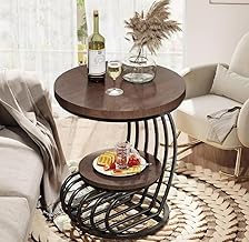 Modern Round Side Table Set, Round Side Table with Storage Shelf, 2-Tier Modern Accent Table with Metal Frame (Black & Rustic)