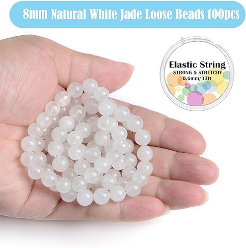 Miniatura 2 de 100 cuentas sueltas redondas de jade blanco natural de 0.315 pulgadas para fabricación de joyas con cordón elástico de cristal