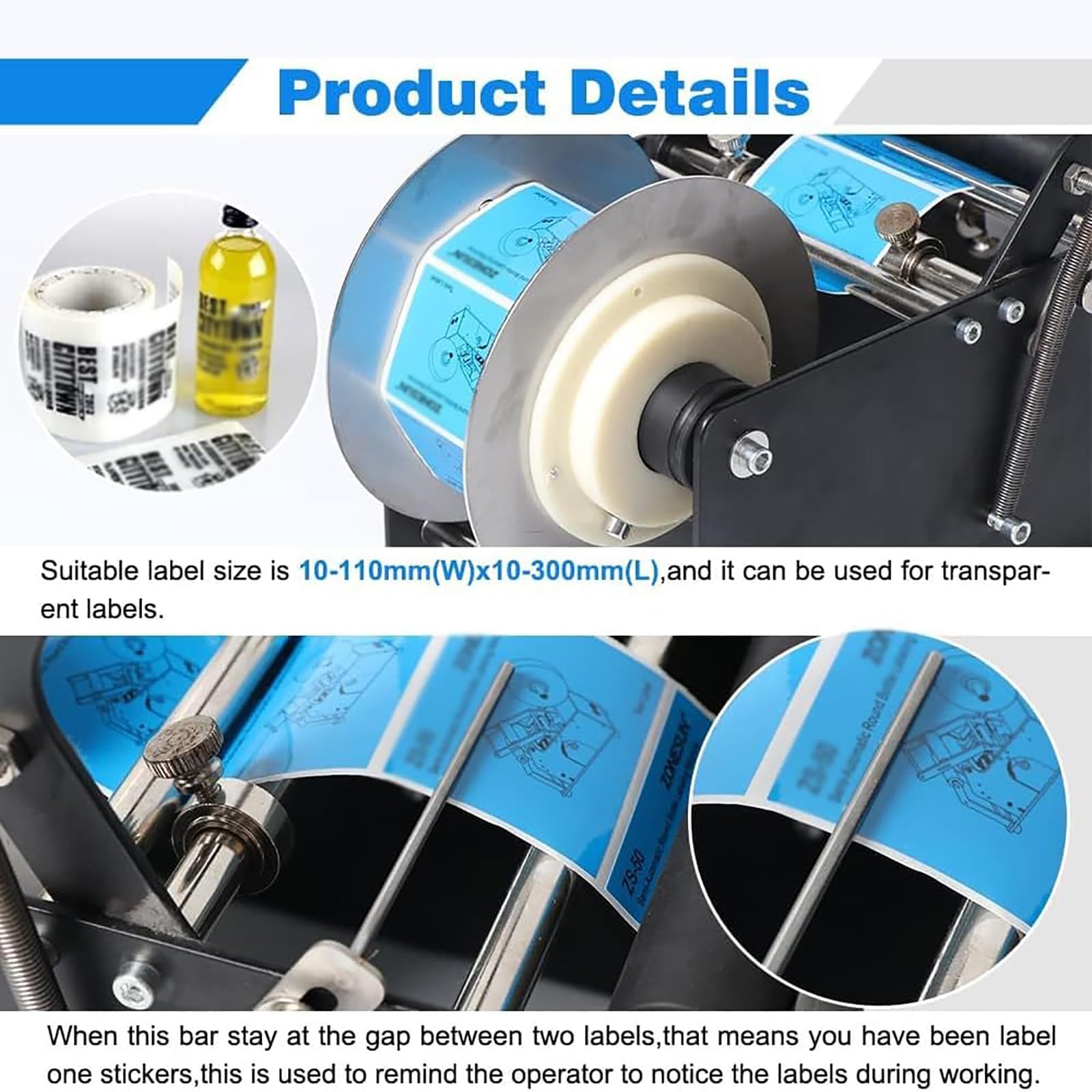 Etichettatrice semiautomatica per bottiglie, applicatore manuale di etichette con barra di pressatura, larghezza 10-110 mm e lunghezza 10-300 mm regolabile, 15-30 bottiglie/minuto, per lattine